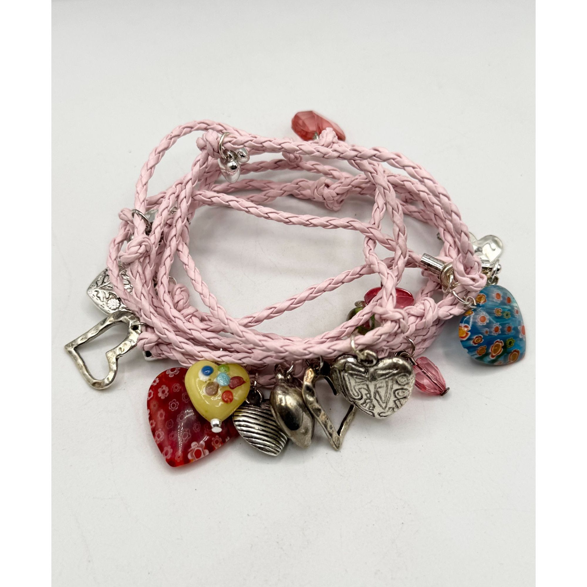 Other Pink braided leatherette Murano Art glass heart charm wrap b Size ONE SIZE - 3 Thumbnail