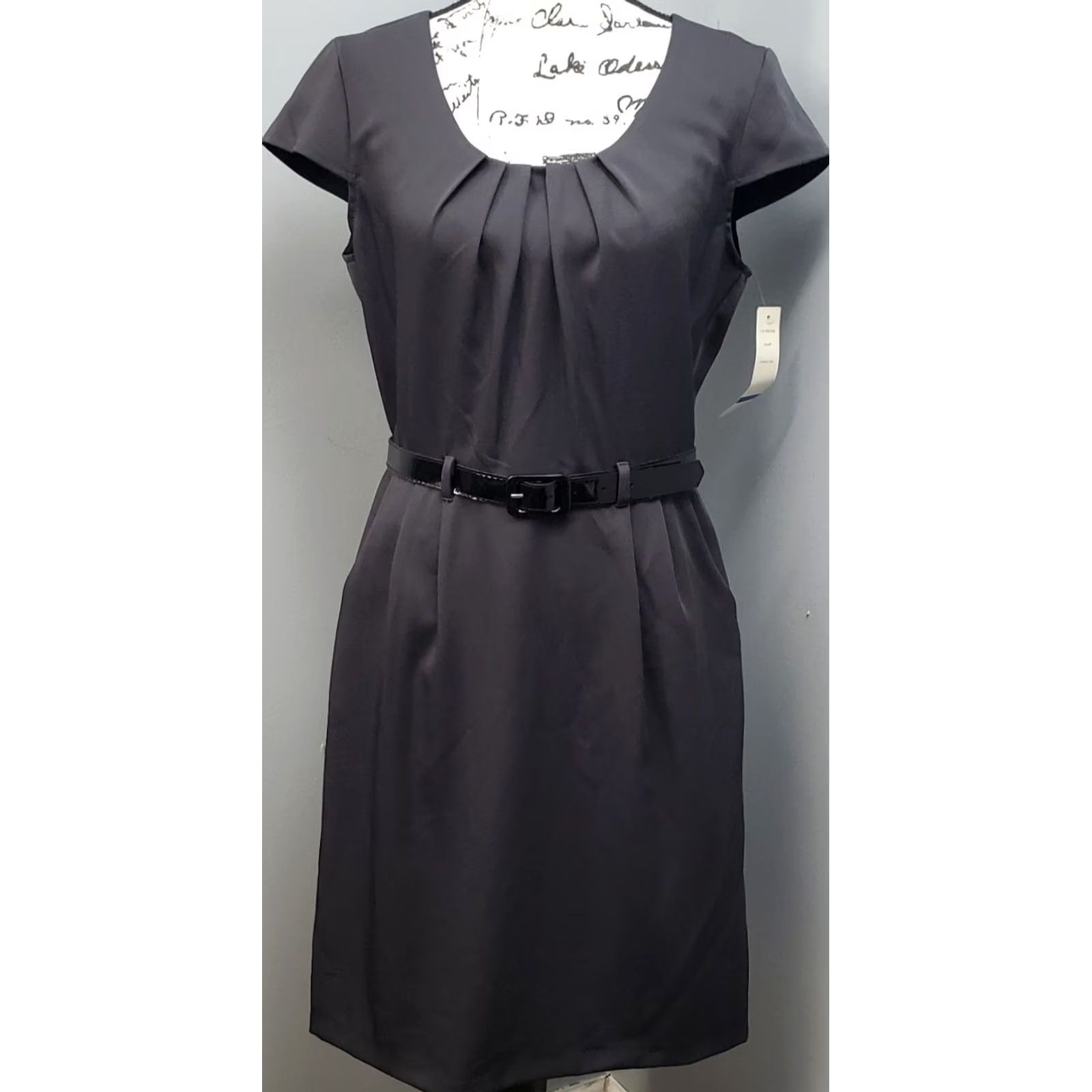 Vintage Olivia Matthews Formal Dress Women's 12P Gray Cap Sleeve Belted Waist Back Zip Dress: Women Size 12P: Gray Cap Sleeve Belted Waist Back Zip NWT Size XL / US 12-14 / IT 48-50 - 2 Thumbnail