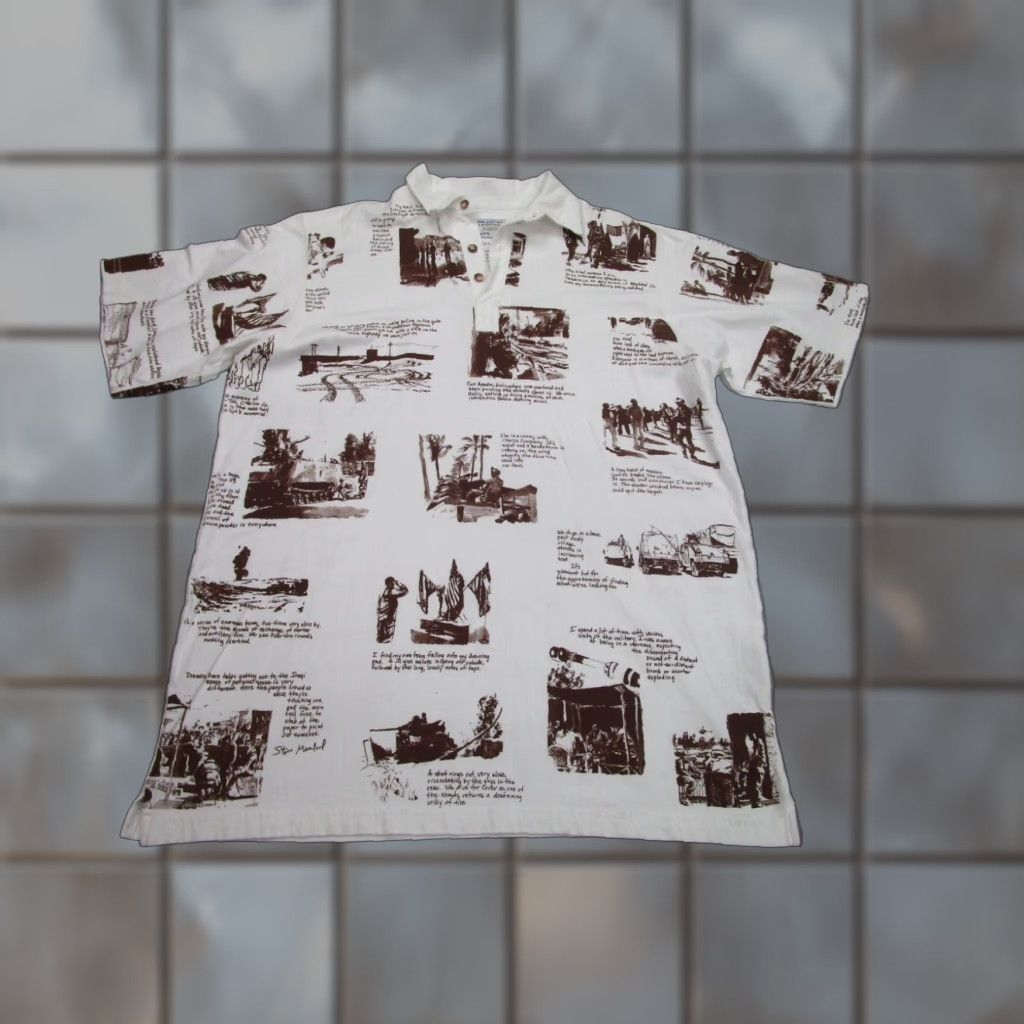 Vintage VINTAGE US Army Polo Shirt Mens XL White All Over Iraq Combat Artist Print Size US XL / EU 56 / 4 - 1 Thumbnail
