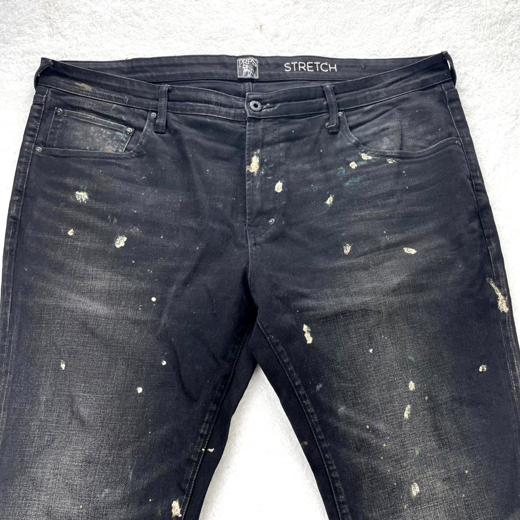 Prps PRPS Jeans Mens 44x30 Black Gold Paint Distressed Stretch Denim Straight 5-Pocket Zipper Button Regular Size US 44 / EU 60 - 4 Thumbnail