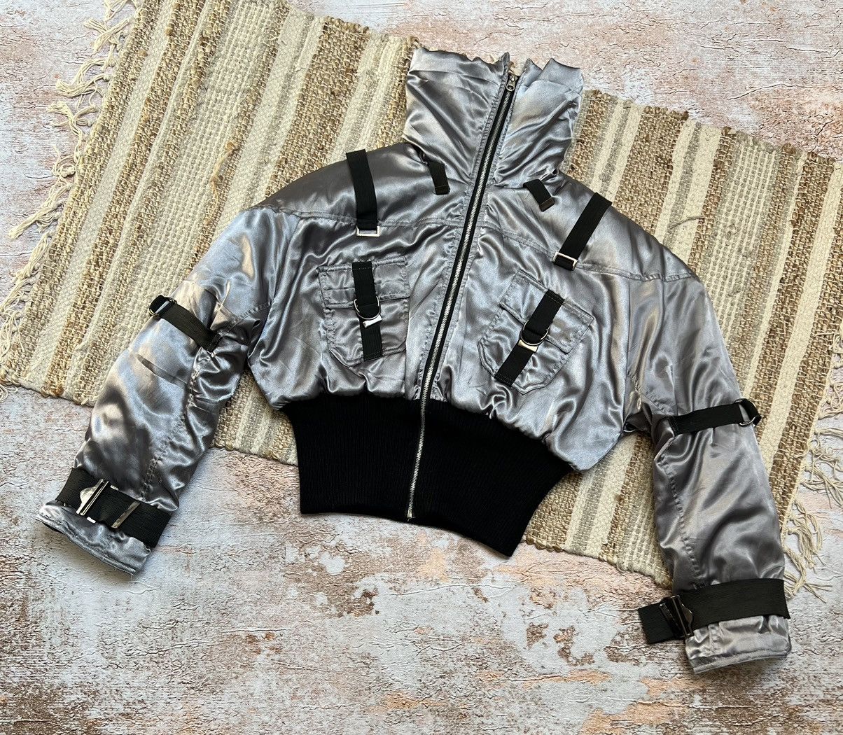 image of Avant Garde Vintage Japanese Silver Cropped Bondage Astro Jacket, Men's (Size Small)