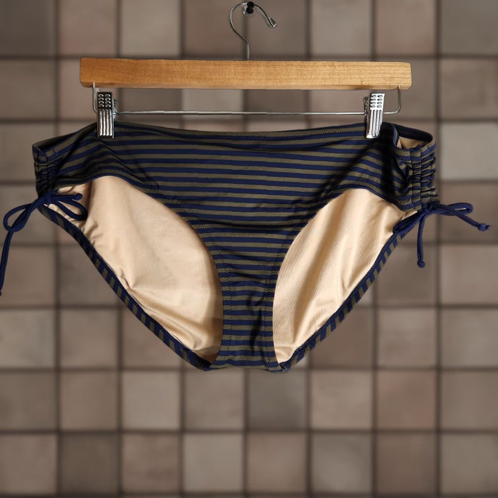 J.Crew J.CREW Bikini Swim Bottoms Womens Olive/Navy Striped XL Ruched Ties Lined Mid Rise Beach Classic Preppy Bottoms Womens Size ONE SIZE - 1 Thumbnail