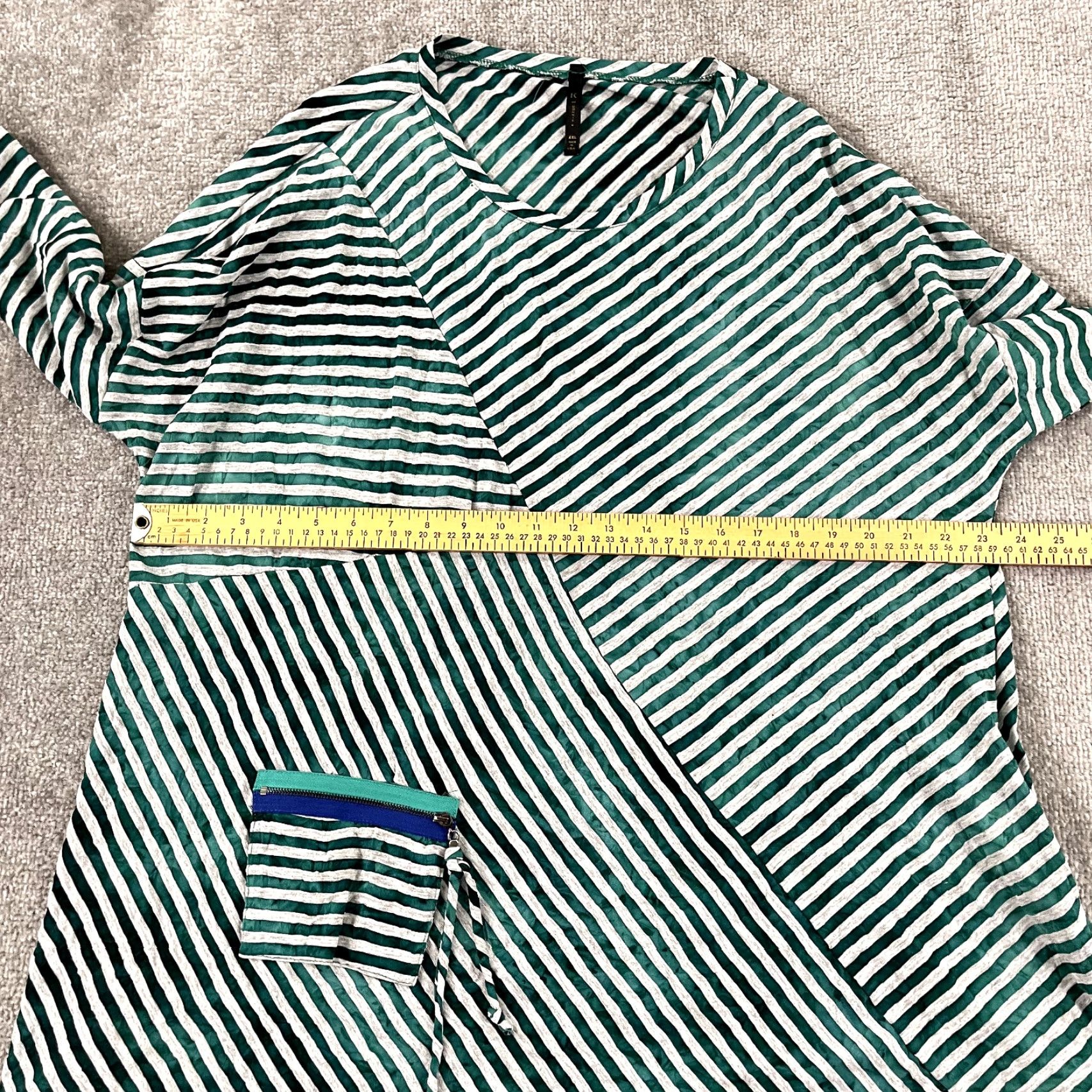 Vintage IC by CONNIE K Womens 2XL Green Gray Striped Tunic Top Asymmetric Pocket Stretch Size XXL / US 16-18 / IT 52-54 - 4 Thumbnail