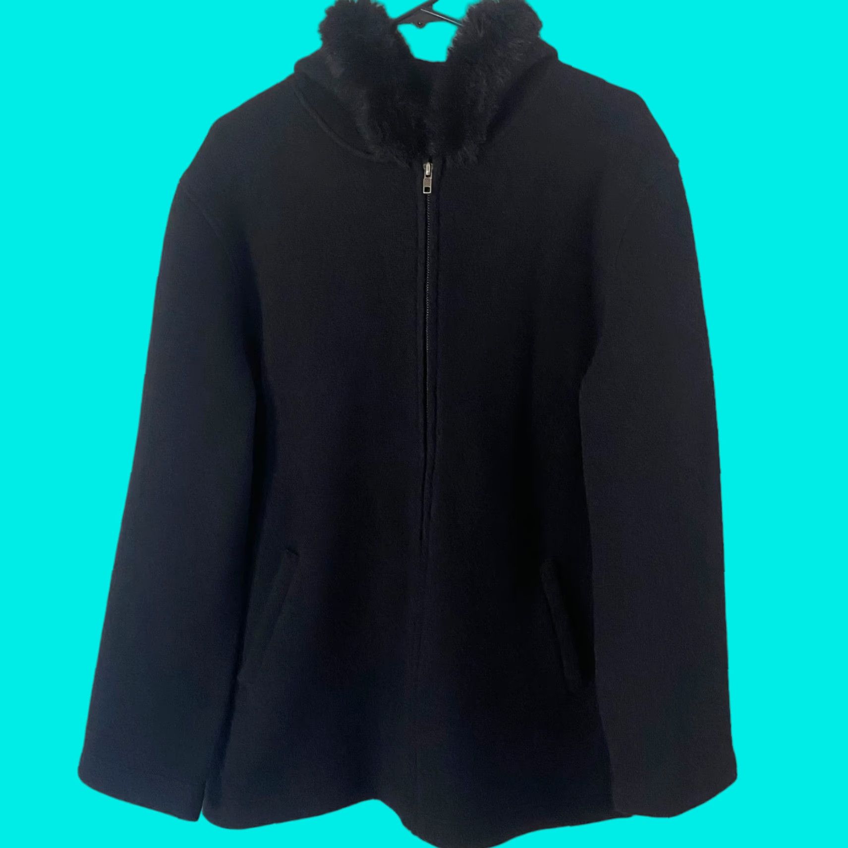 Jones New York VINTAGE Jones New York Wool Jacket Black Faux Fur Hooded Full-Zip Women's Large Size L / US 10 / IT 46 - 1 Thumbnail