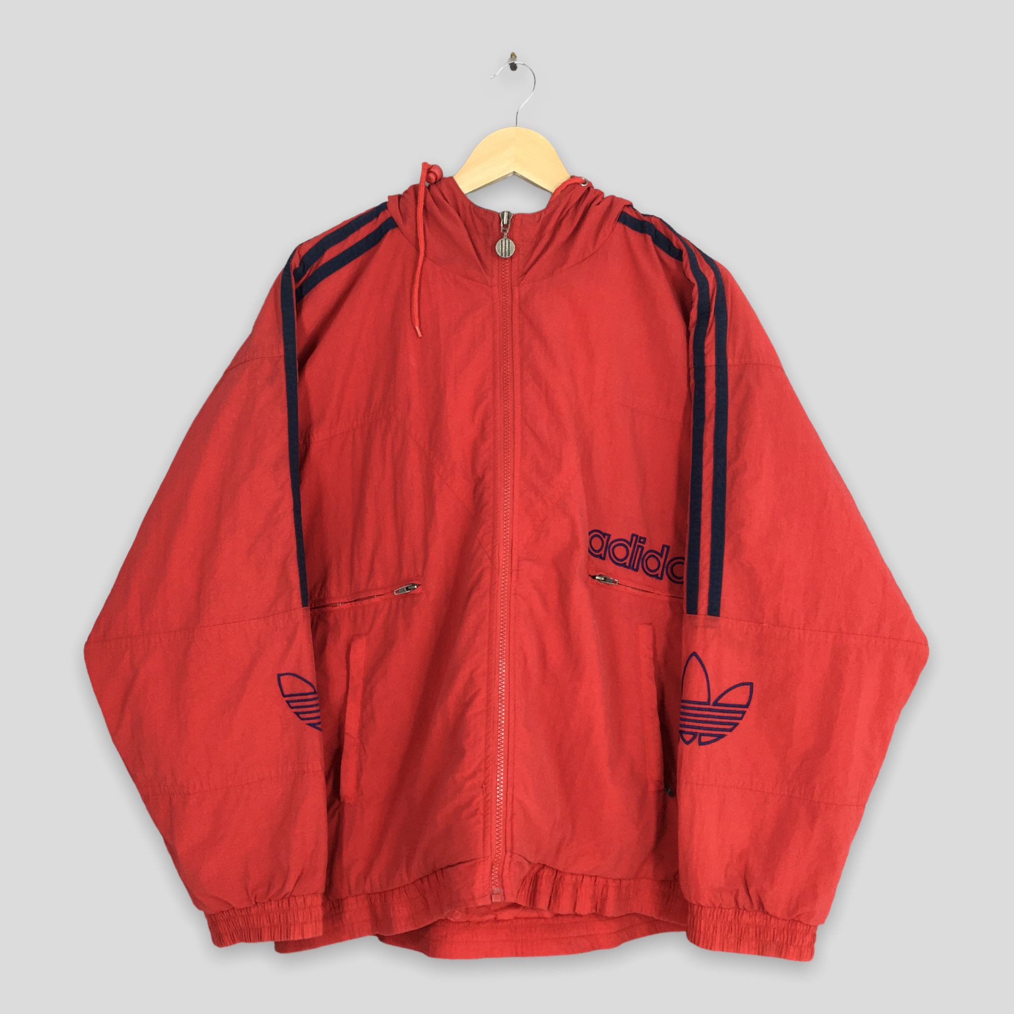 image of Vintage 90's Adidas Windbreaker Red Hoodie Jacket arge, Men's (Size 2XL)