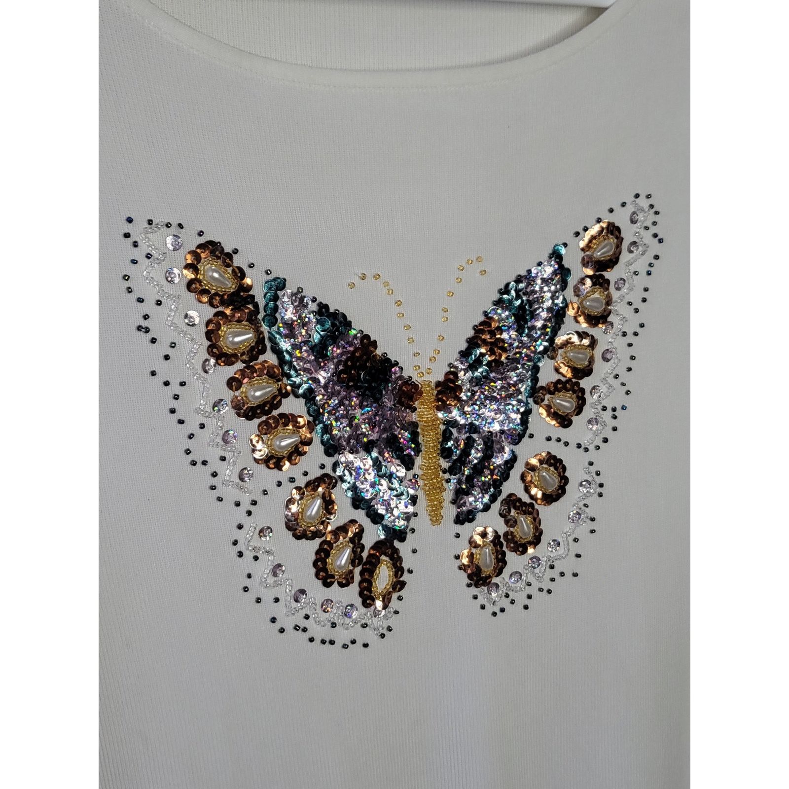 Vintage 90s/Y2K Off White Beaded Butterfly Top 3/4 Sleeves Sequins Size S / US 4 / IT 40 - 10 Thumbnail