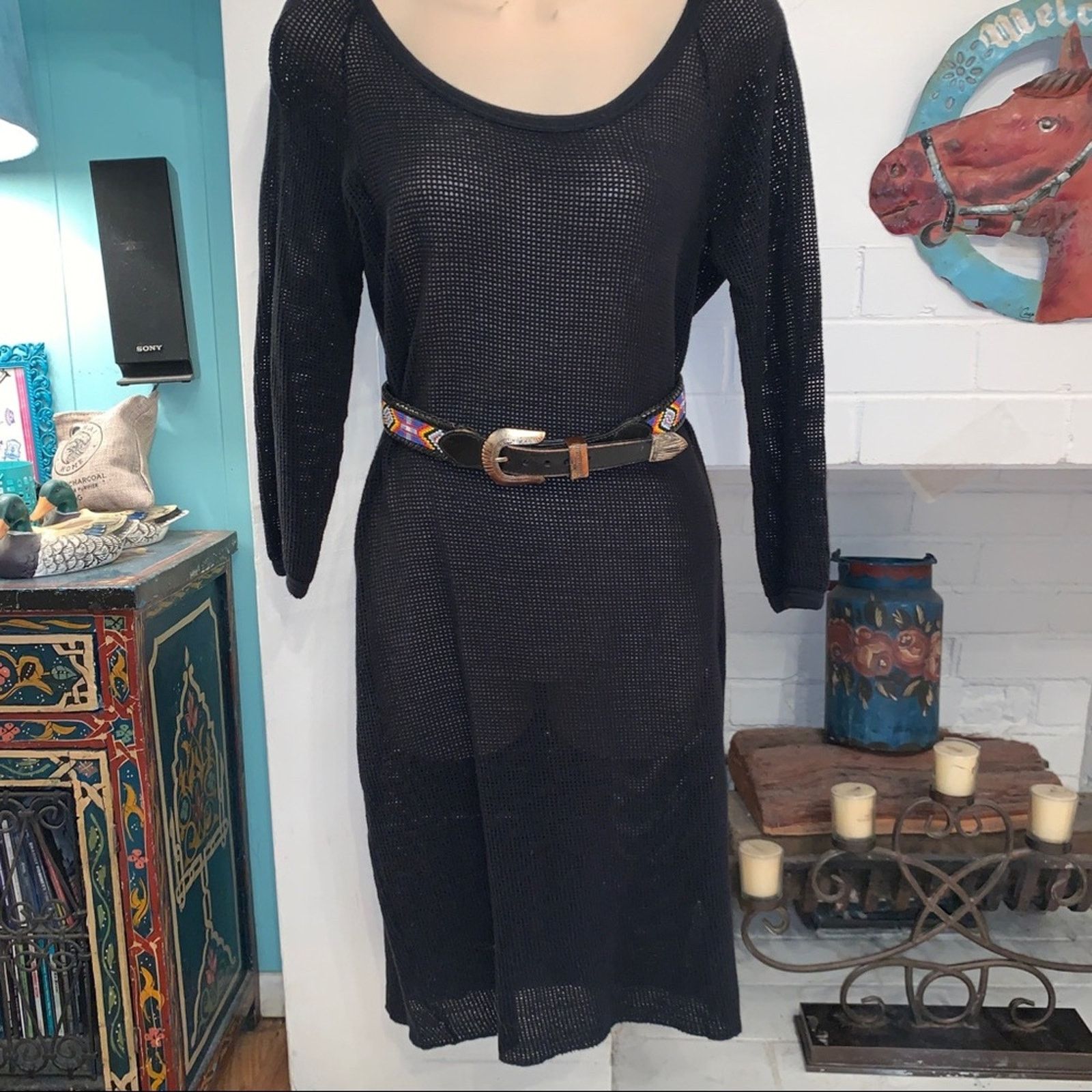 James Perse Black Crochet Crocheted Mesh Fishnet Dress M, Women’s (