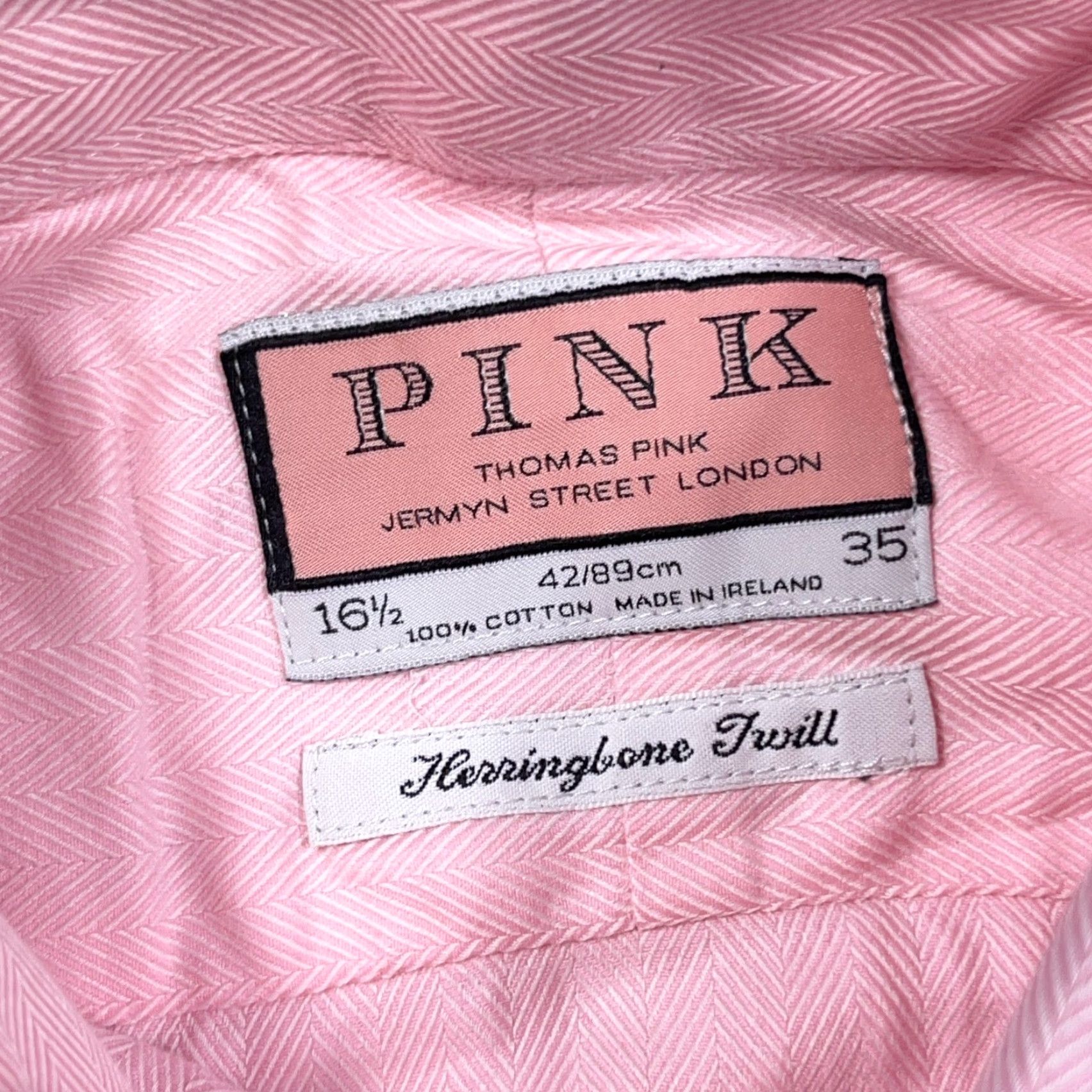 Pinko Thomas Pink Shirt Men 16.5 35 Pink Button Up French Cuff Herringbone Twill Dress Shirt Mens Size 42R - 3 Thumbnail