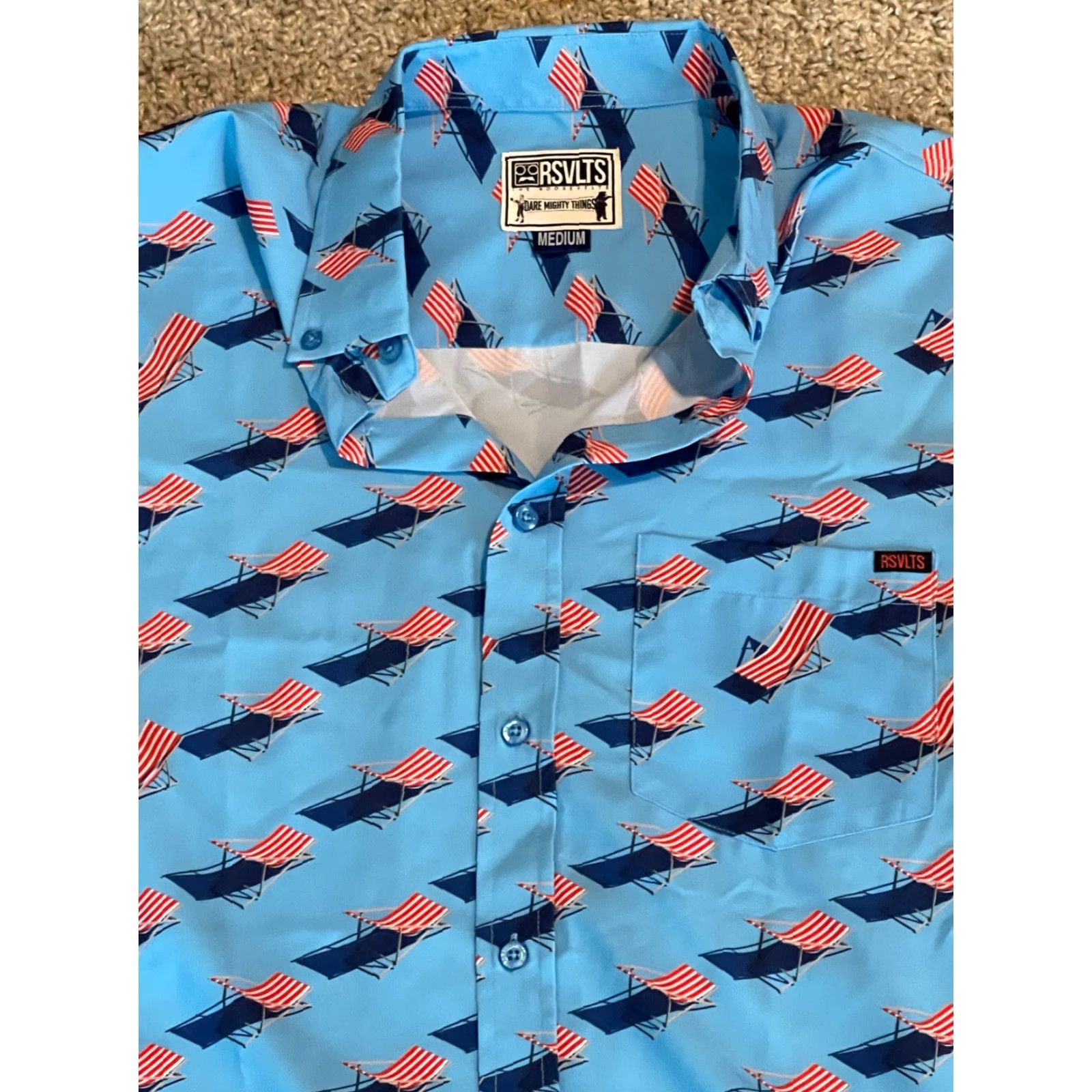 Vintage RSVLTS American Beach Day KUNUFLEX S/S Shirt Medium US Flag Lounge Chairs Blue Shirt Mens Size US M / EU 48-50 / 2 - 2 Thumbnail
