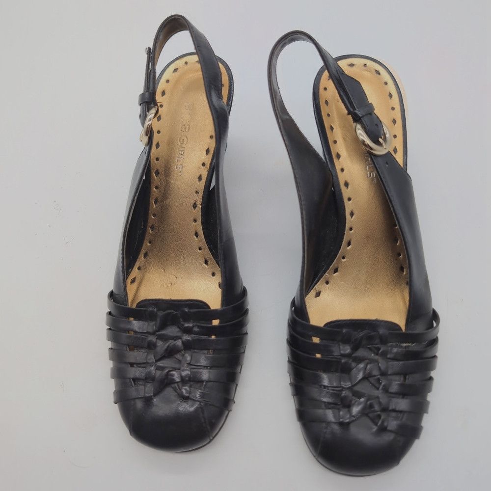 Bcbgmaxazria BCBG Girls Sz 7 Elegant Black Leather Wedge Sandals Slingba Size US 7 / IT 37 - 3 Thumbnail