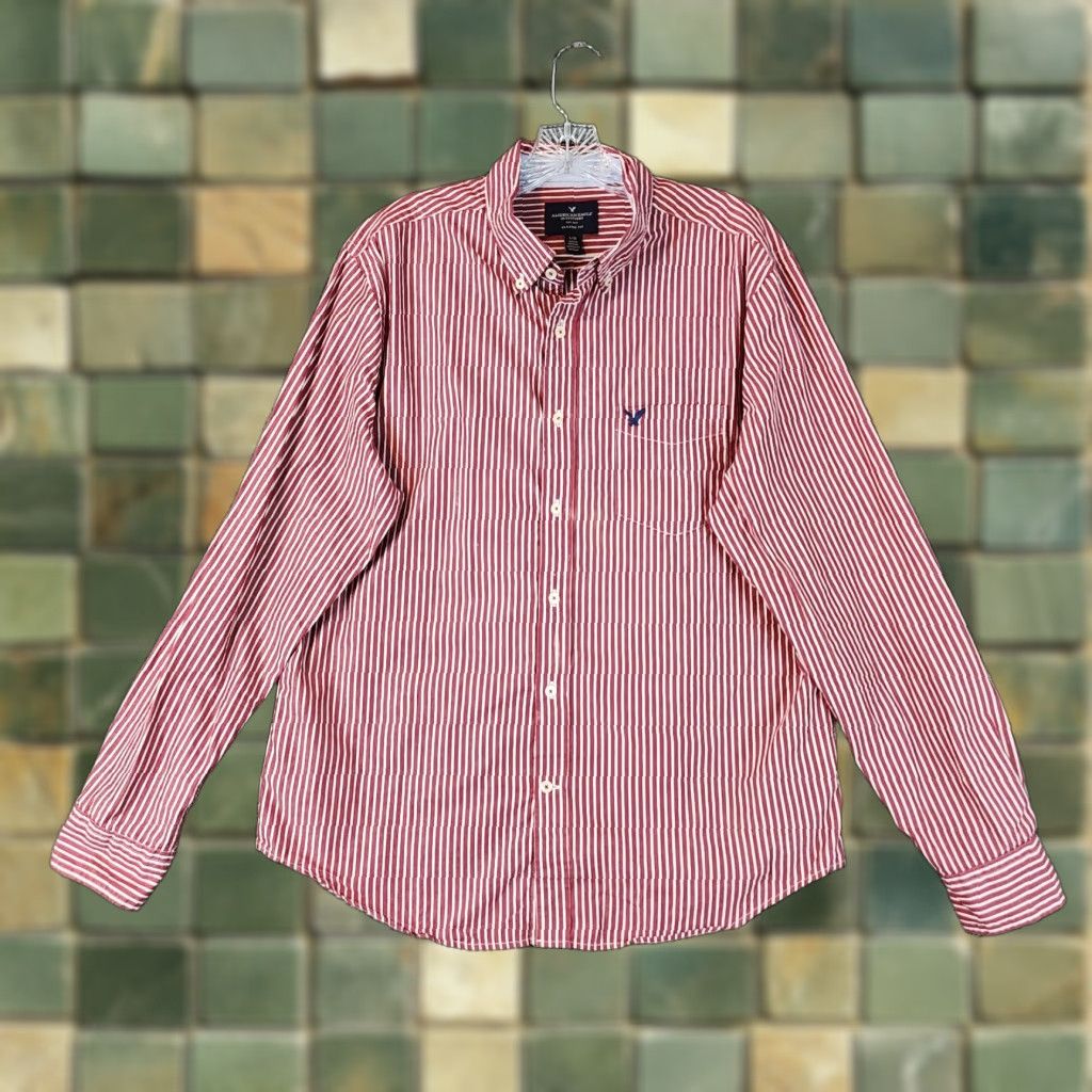 American Eagle Outfitters AMERICAN EAGLE Red Striped Button-Up Shirt Long Sleeve Adult Large Mens Size US L / EU 52-54 / 3 - 1 Thumbnail