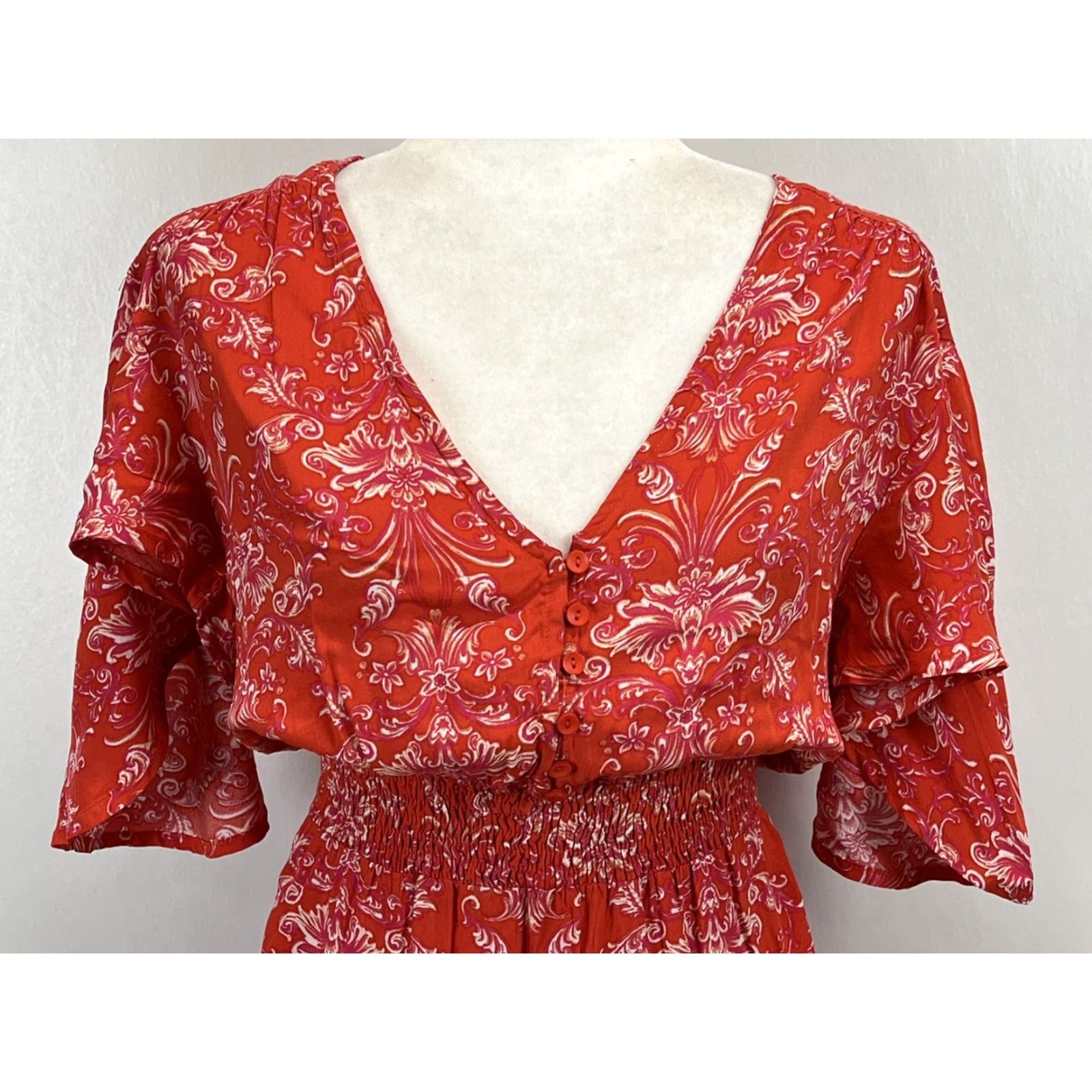 Vintage VINTAGE? No, but style: Abel The Label Maxi Dress Boho Hi Lo Floral V-Neck Short Sleeve Orange XS Women’s Regular Spring Summer Bohemian Dress Women Size XS / US 0-2 / IT 36-38 - 5 Thumbnail