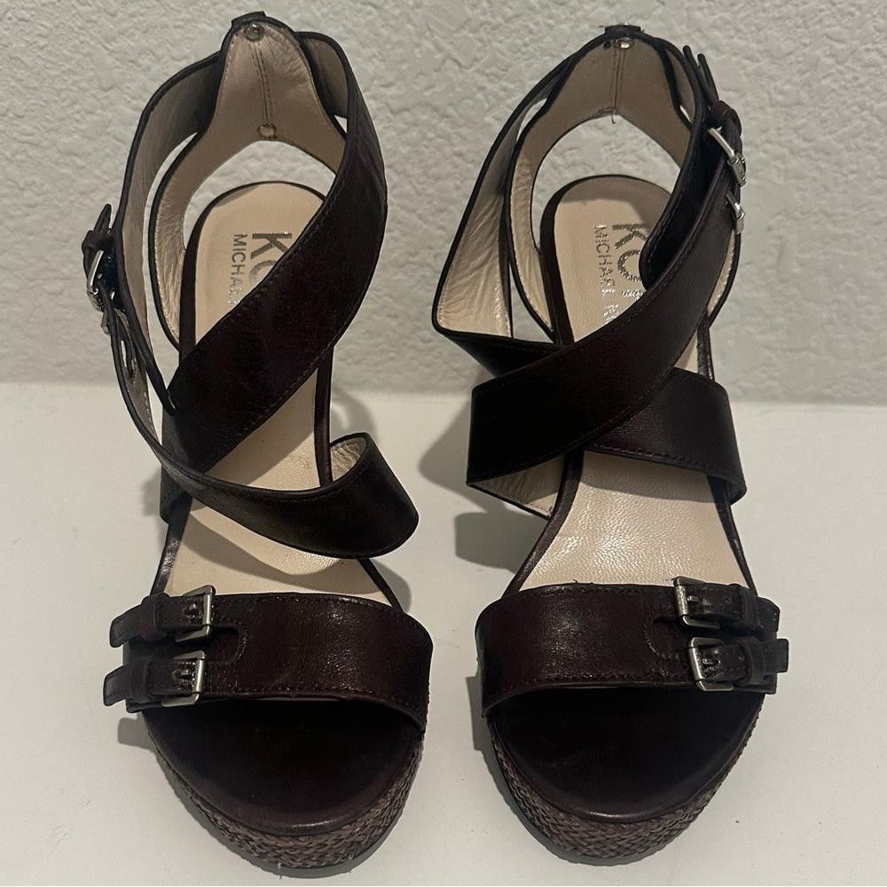 Designer KORS Michael Kors Brown Leather Jute Wedge Sandals Size 8 Size US 8 / IT 38 - 2 Thumbnail