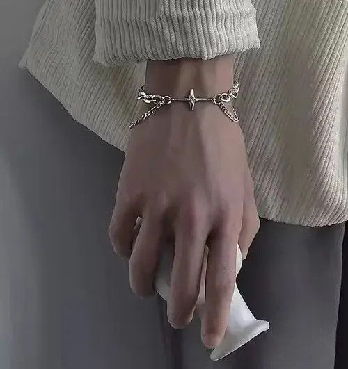 Jewelry Fashion Punk Titanium Steel Cross Layered Bracelet Chain in Silver, Men's