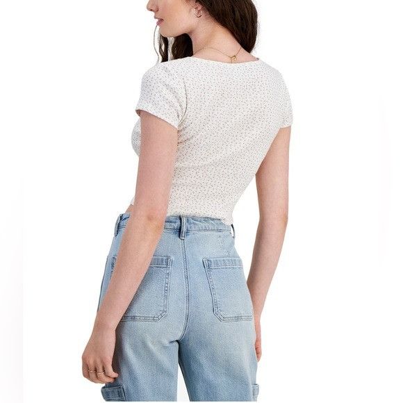 Other Just Polly Womens Floral Ribbed Crop Top White & Blue Short Size L / US 10 / IT 46 - 3 Thumbnail