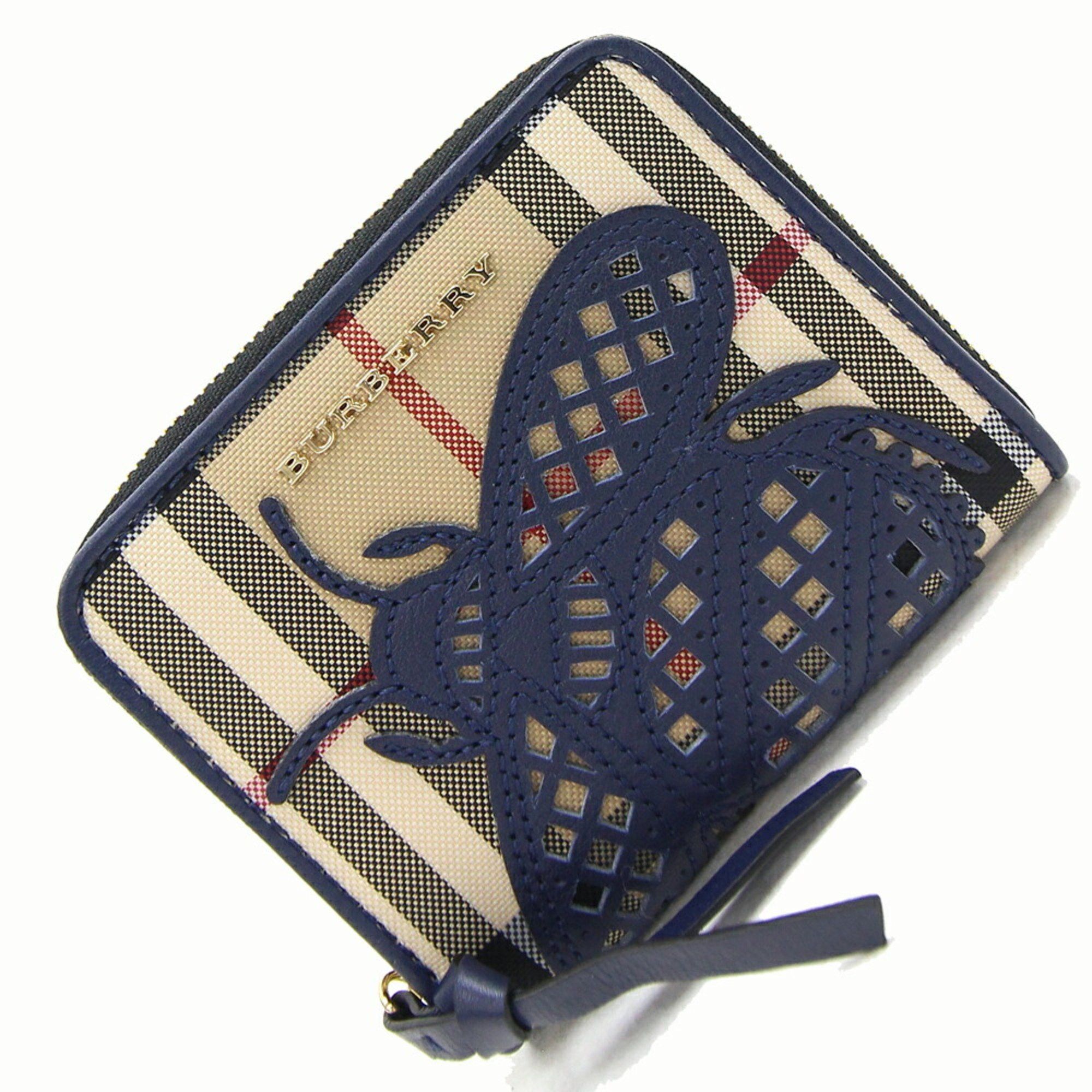 image of Burberry Coin Case Beige Navy Pvc Leather Purse Card Wallet Compact Check Women's Burberry
