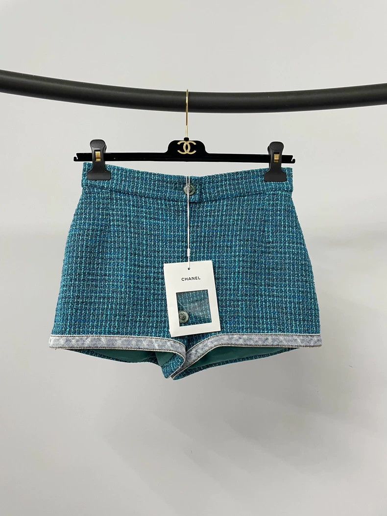 Chanel 22P Peacock Blue Tweed Woven Shorts