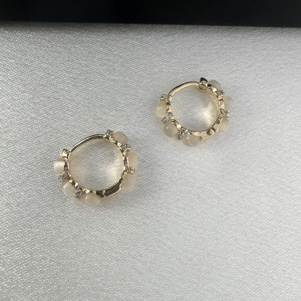 Designer 14mm Cat's Eye Stone Small Gold Hoop Earrings for Women Size ONE SIZE - 1 Thumbnail