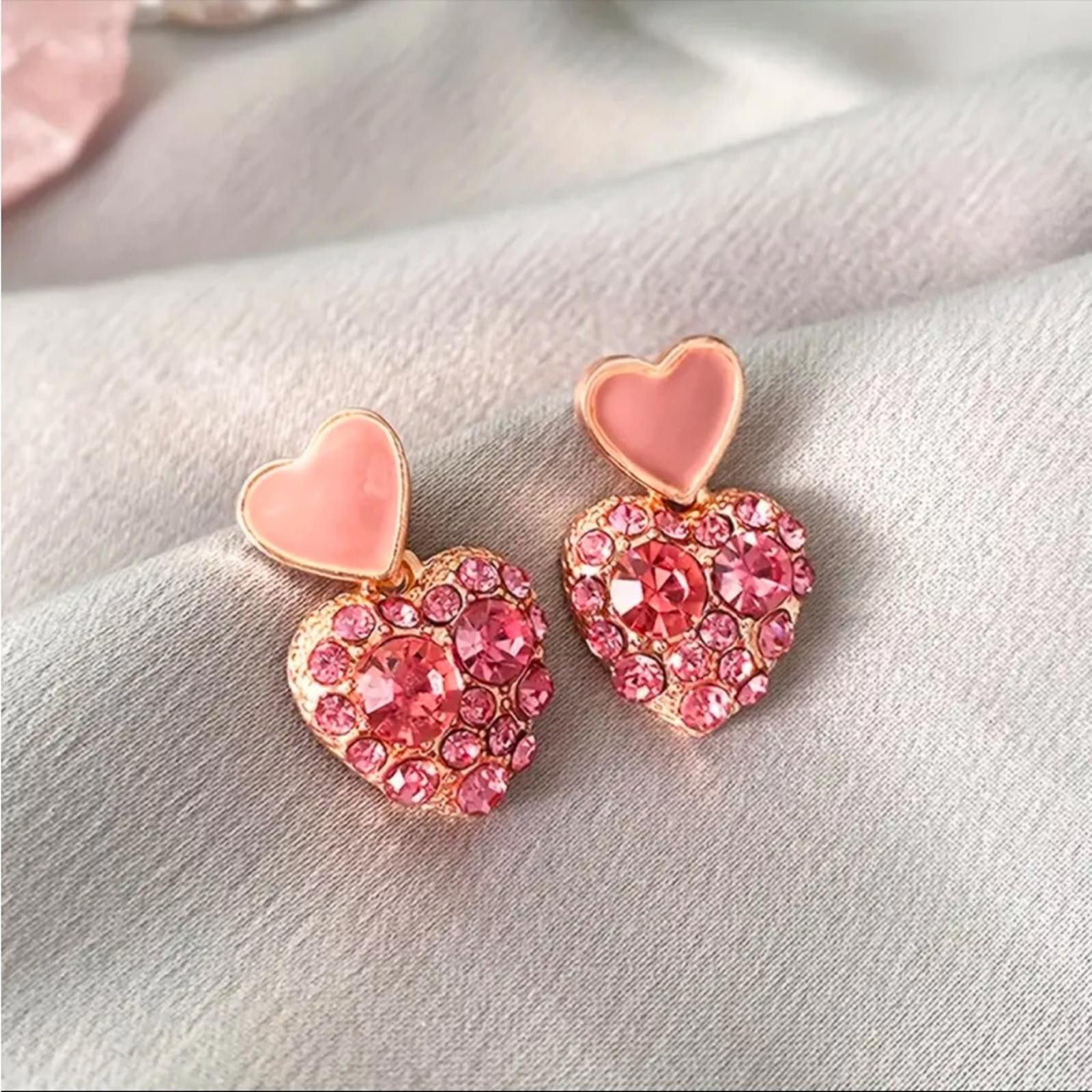 Designer Pink Heart Rhinestone Earrings NWT Size ONE SIZE - 2 Thumbnail