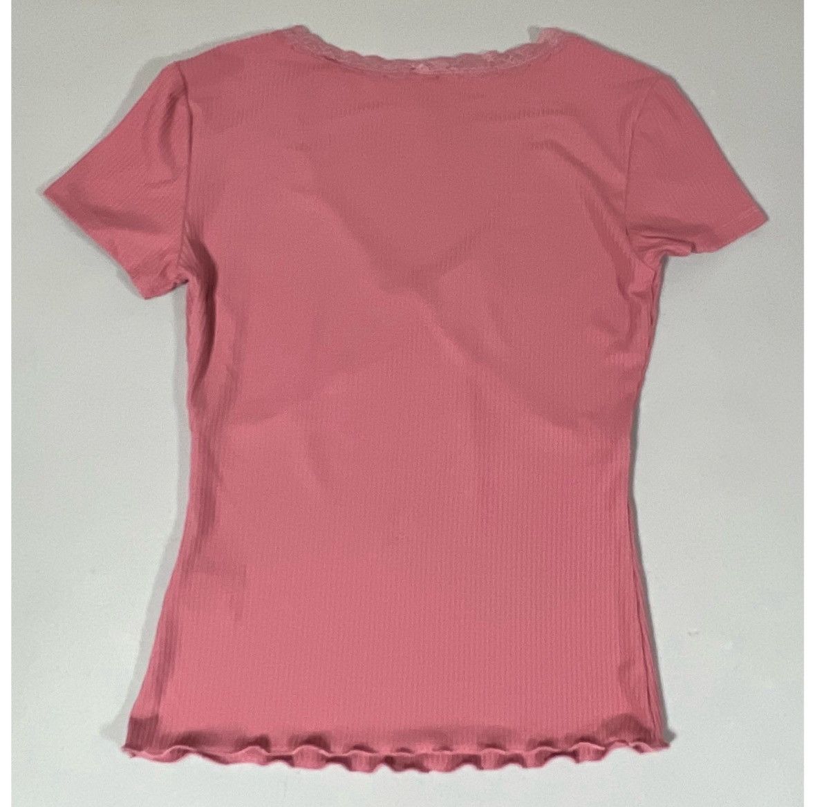 Free Planet Pink Mauve Solid Ribbed Y2K Lace V-Neck Top T-Shirt Tee XS🎀✨ Size XS / US 0-2 / IT 36-38 - 3 Thumbnail