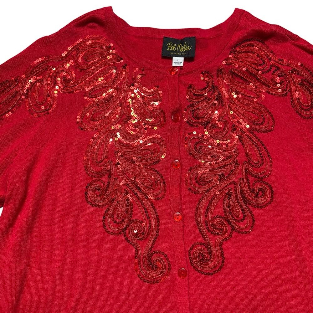 Bob Mackie Vintage Bob Mackie Embroidered Sequin Cotton Red Cardigan S Size L / US 10 / IT 46 - 6 Thumbnail