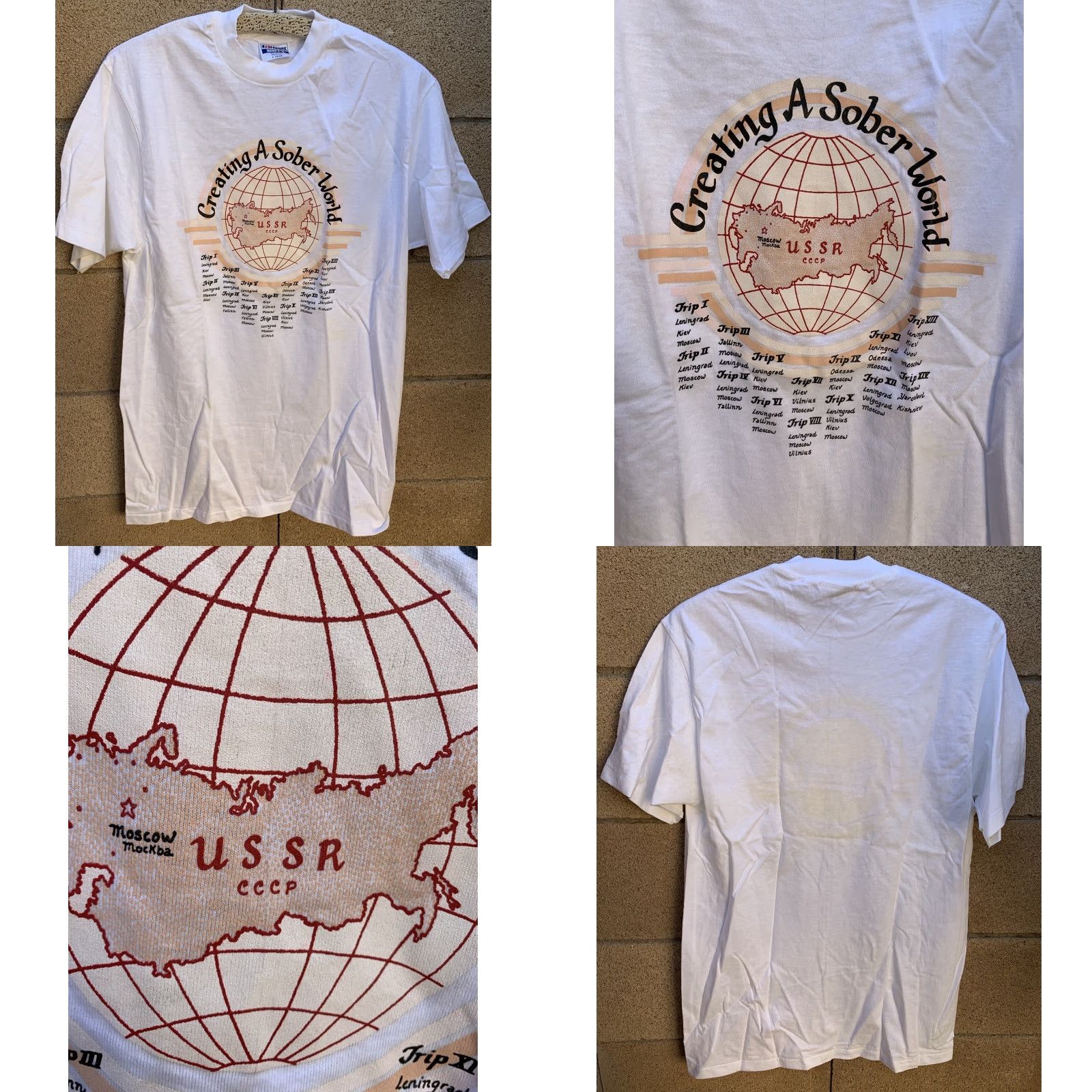 Hanes VINTAGE Creating A Sober World USSR CCCP T Shirt Single Stitch L Men White Cotton Hanes Beefy-T Size US L / EU 52-54 / 3 - 8 Thumbnail