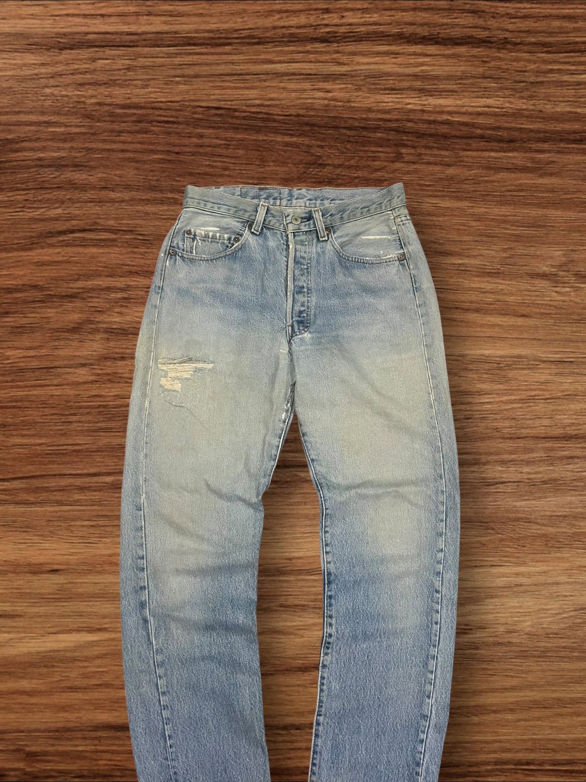Levi's × Levi's Vintage Clothing × Vintage Vintage 80s Levi’s 501 Button Fly Blue Washed Trashed Jeans Size US 28 / EU 44 - 3 Thumbnail