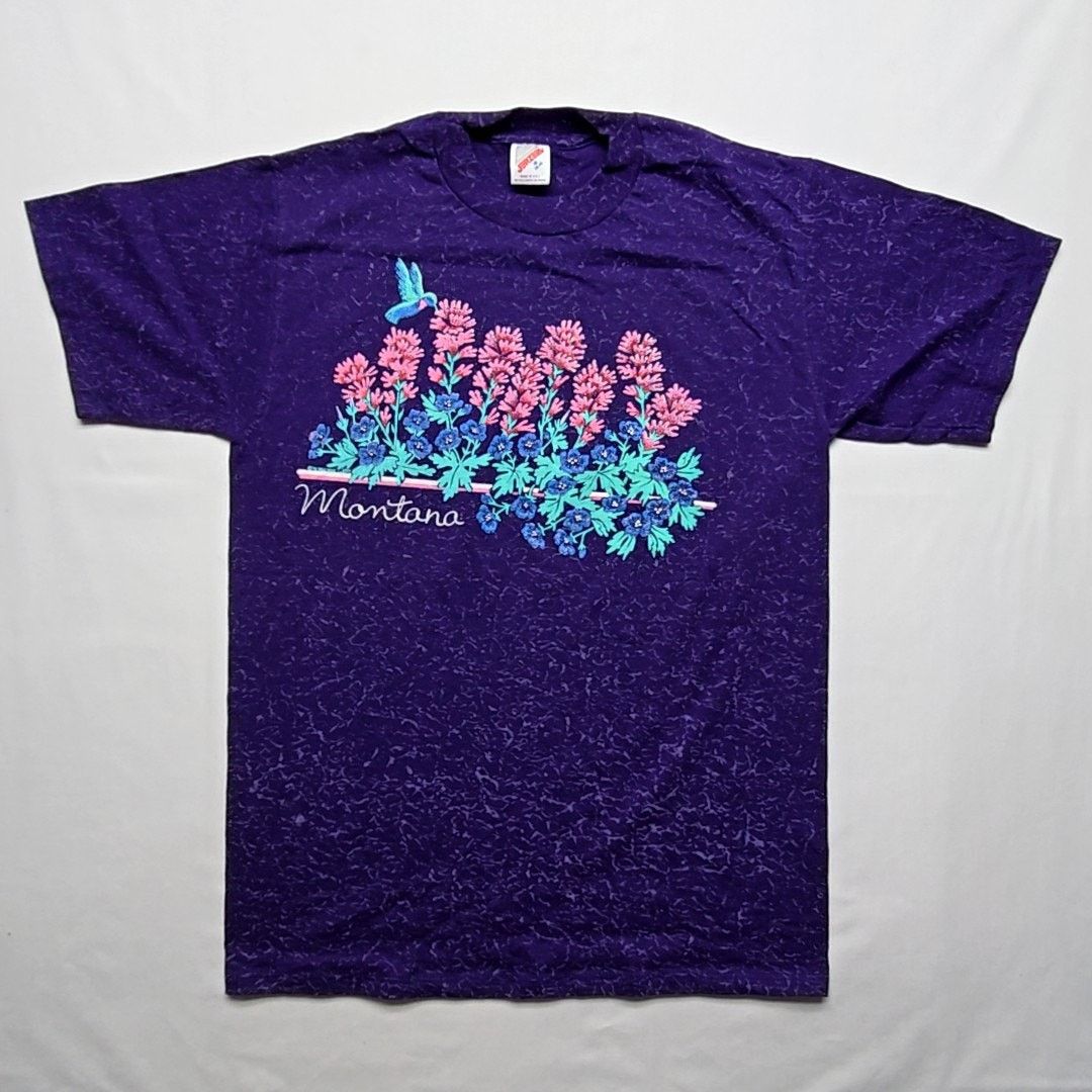 Jerzees Vintage Montana Floral Shirt Purple Flower Nature M AOP Tee Size M / US 6-8 / IT 42-44 - 1 Thumbnail