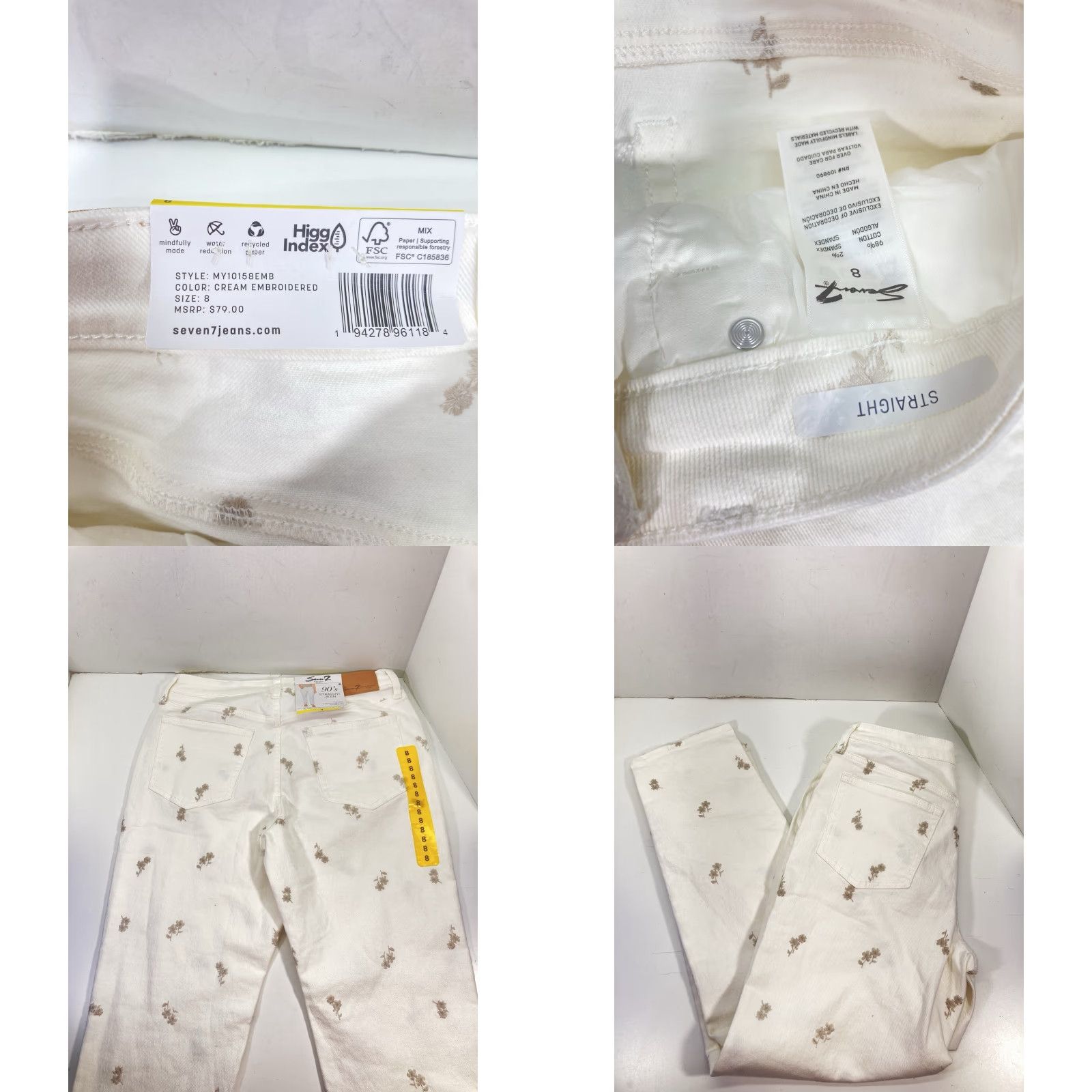 Vintage Seven7 90s Straight Jeans Women Size 8 32X30 White Floral High Rise Stretch NWT Size 30" / US 8 / IT 44 - 8 Thumbnail