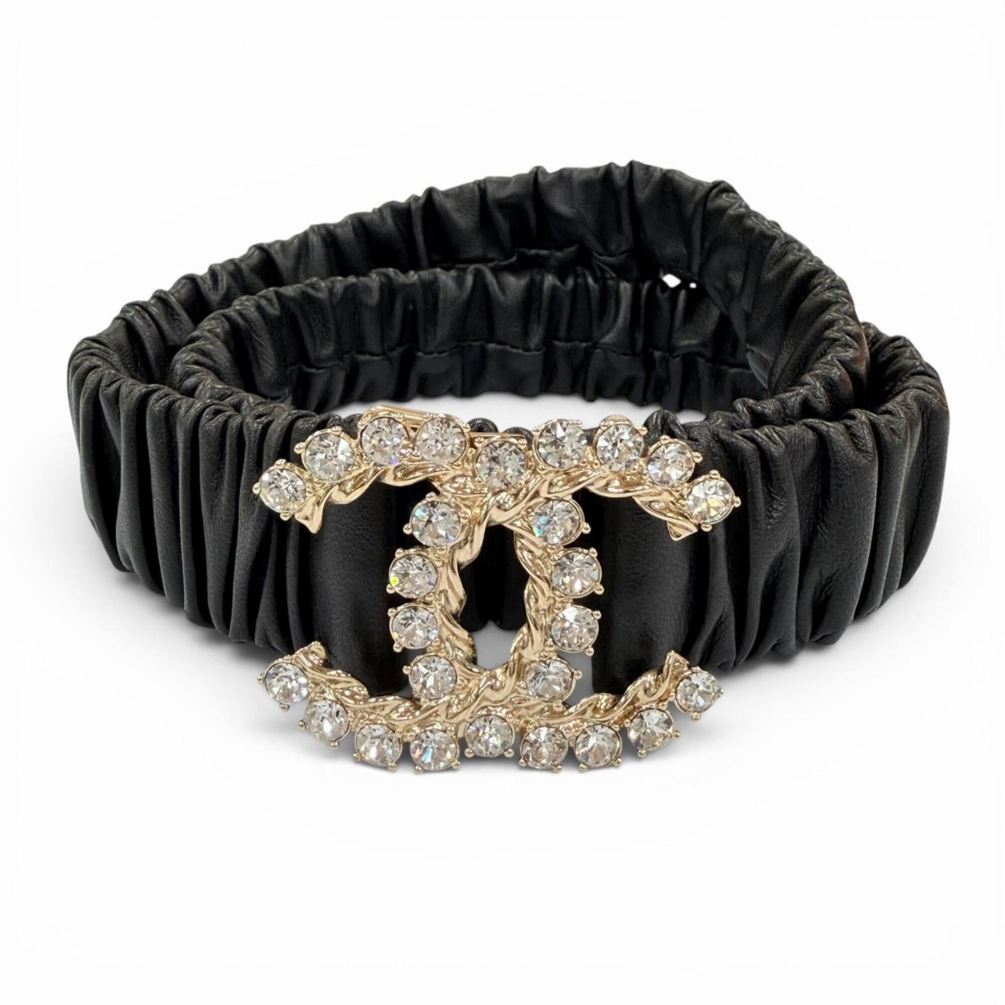 Chanel CHANEL B21C Coco Mark Rhinestone Leather Elastic Belt, Black with Gold Hardware, Size 80 (32), Made in Italy, Women's. Size ONE SIZE - 1 Thumbnail