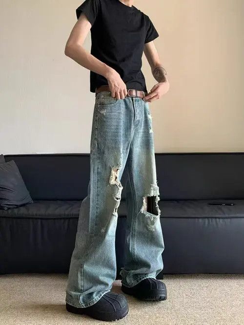 Other High street vintage ripped and blasted straight baggy jeans Size US 34 / EU 50 - 2 Thumbnail