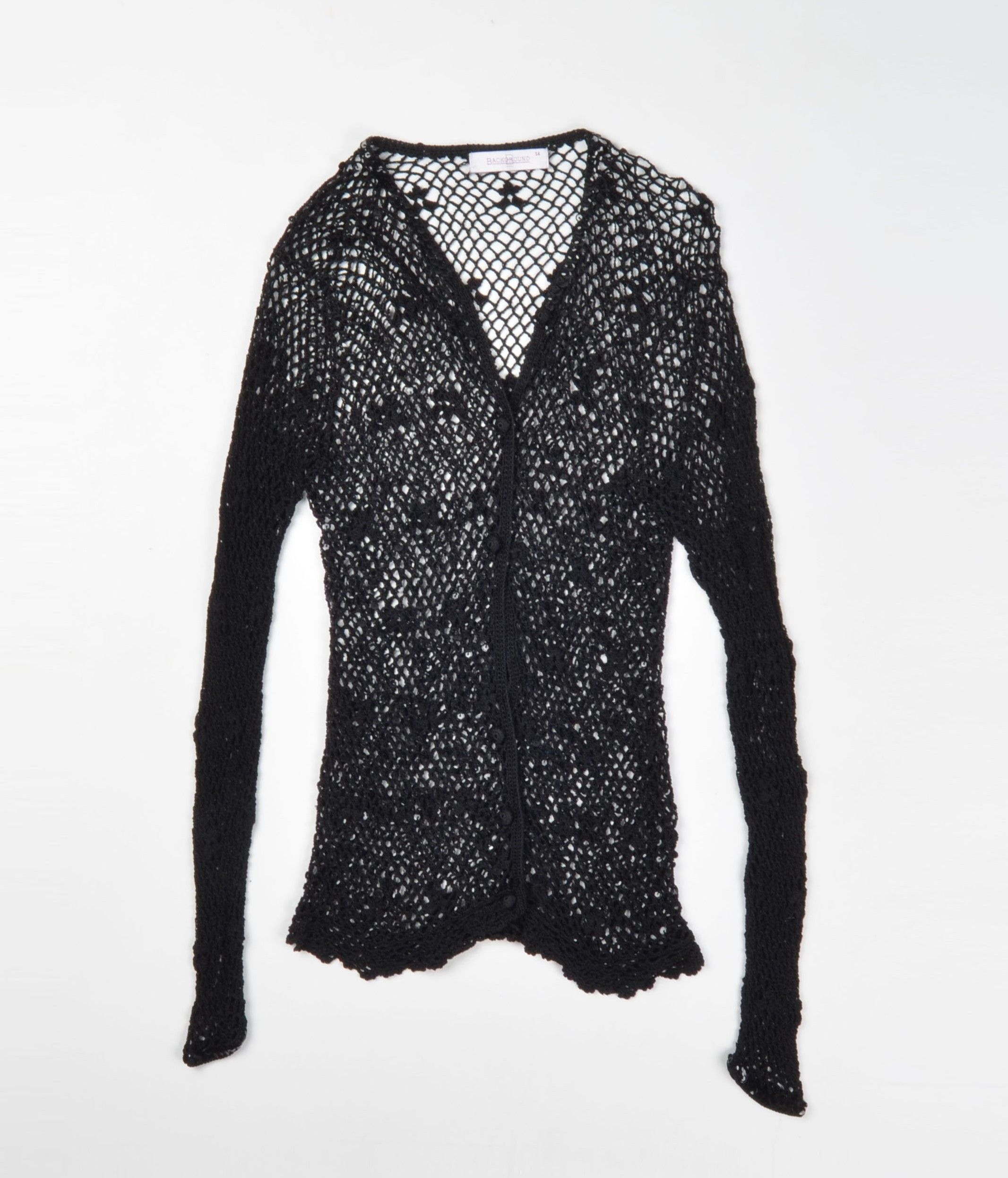 Designer Vintage Background Y2K Crochet Knit Black Cardigan Size L / US 10 / IT 46 - 4 Thumbnail
