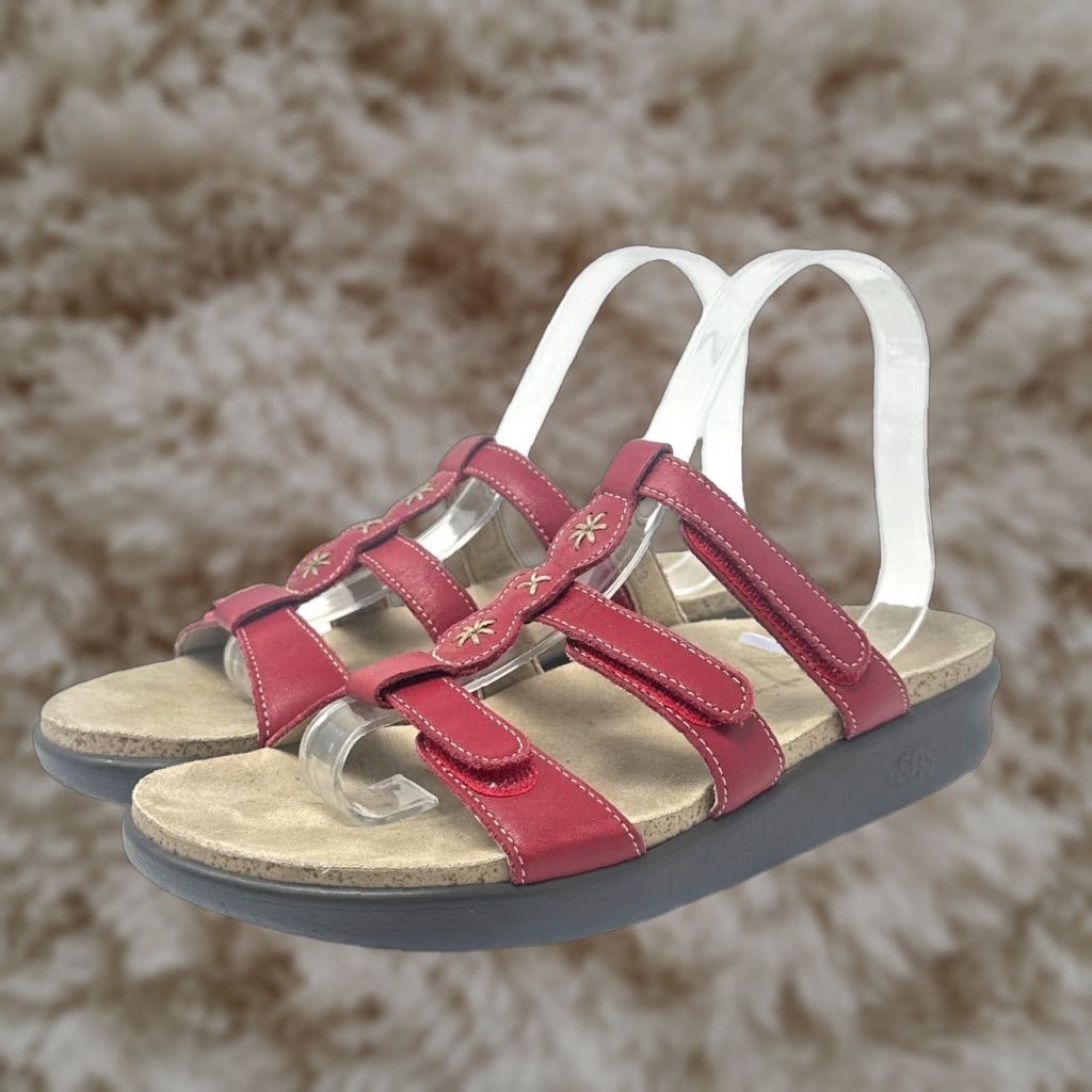 SAS Naples Slide Sandal Red Leather 8.5 M Womens Slip-On Comfort Tripad Vacation Resort Casual Sandal
