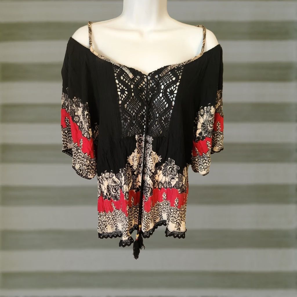 Bell Angie Blouse Shirt Womens S Black Crochet Tassel Bell Sleeve Hippie Boho Basic 90s Style Casual Party/Cocktail Size S / US 4 / IT 40 - 1 Thumbnail