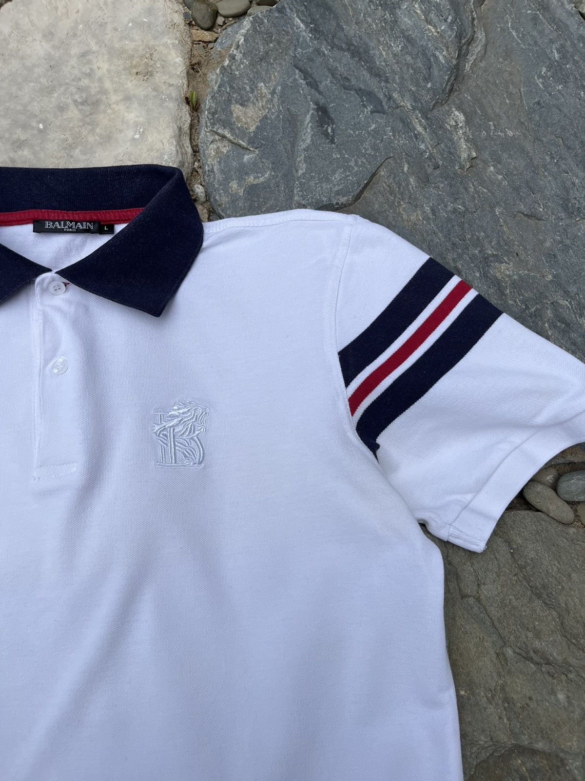 Balmain × Designer Balmain chest logo polo t-shirt tee with striped sleeves Size US L / EU 52-54 / 3 - 6 Thumbnail