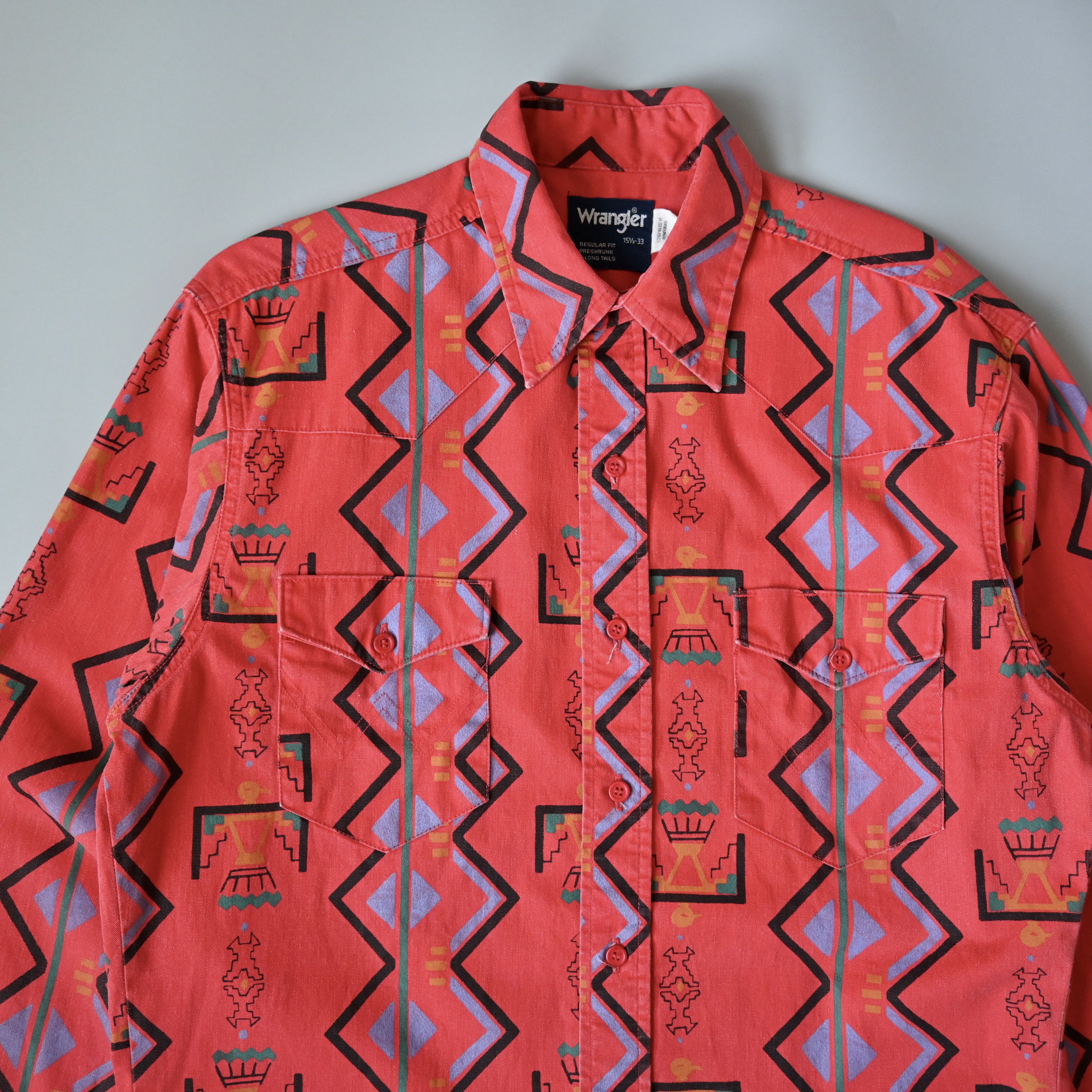 90s Wrangler brushpopper Aztec Navajo stripe shirt 15.5