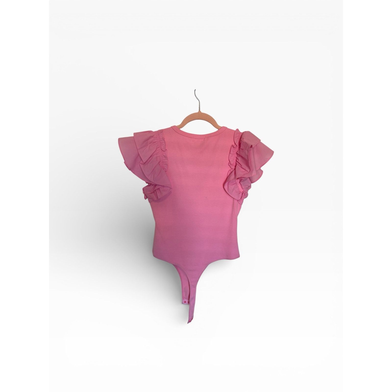 Other Day+Moon Solid Pink Short Sleeve Ruffle V-Neck Bodysuit Size M / US 6-8 / IT 42-44 - 6 Thumbnail