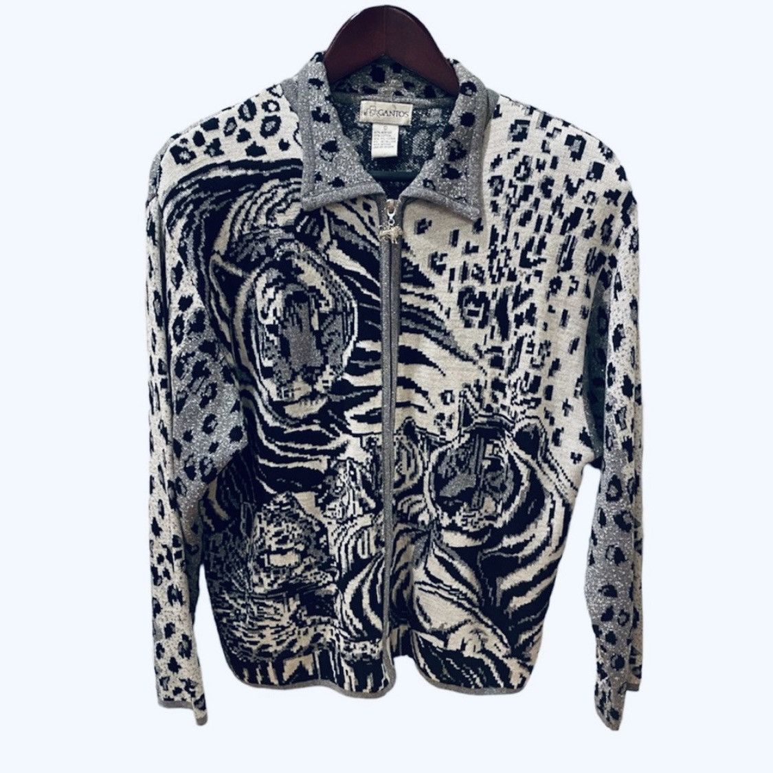 Vintage Vintage 80s Animal Print Zip Cardigan Silver Gray Black L Size L / US 10 / IT 46 - 1 Thumbnail
