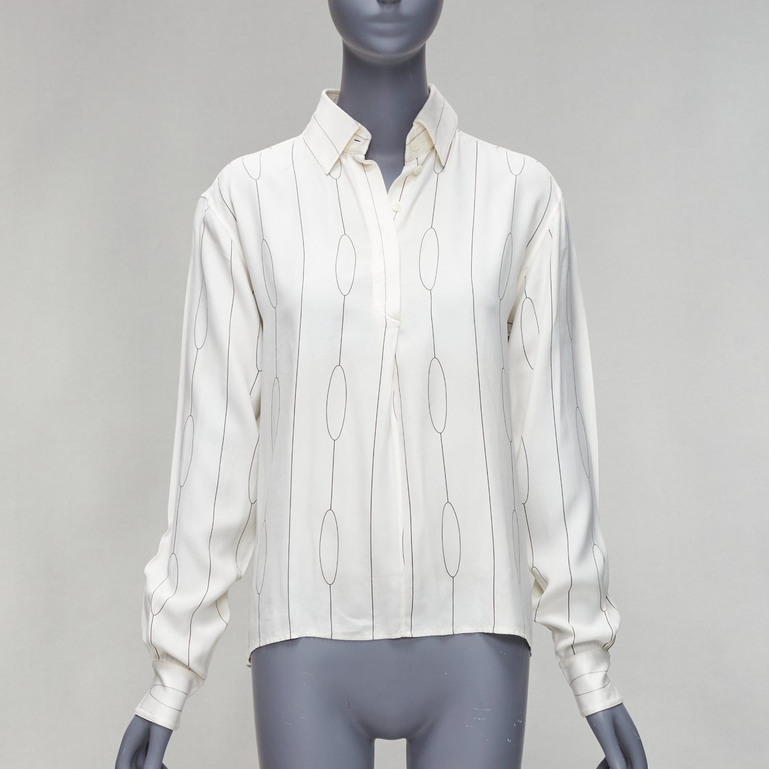 image of Celine 100% Silk Cream Oval Linear Half Placket Blouse Shirt Fr34 Xs, Women's