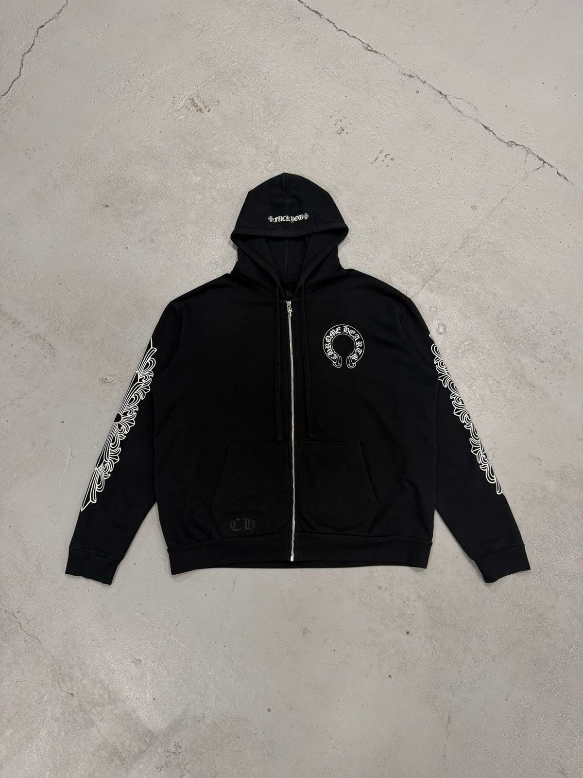 Chrome Hearts HORSESHOE FLORAL ZIP UP HOODIE FUCK YOU BLACK | Grailed