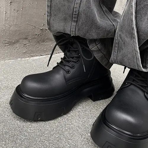 VIBE Chunky Sole Leather Boots - Lace-Up Design, Black Size US 8 / EU 41 - 2 Thumbnail
