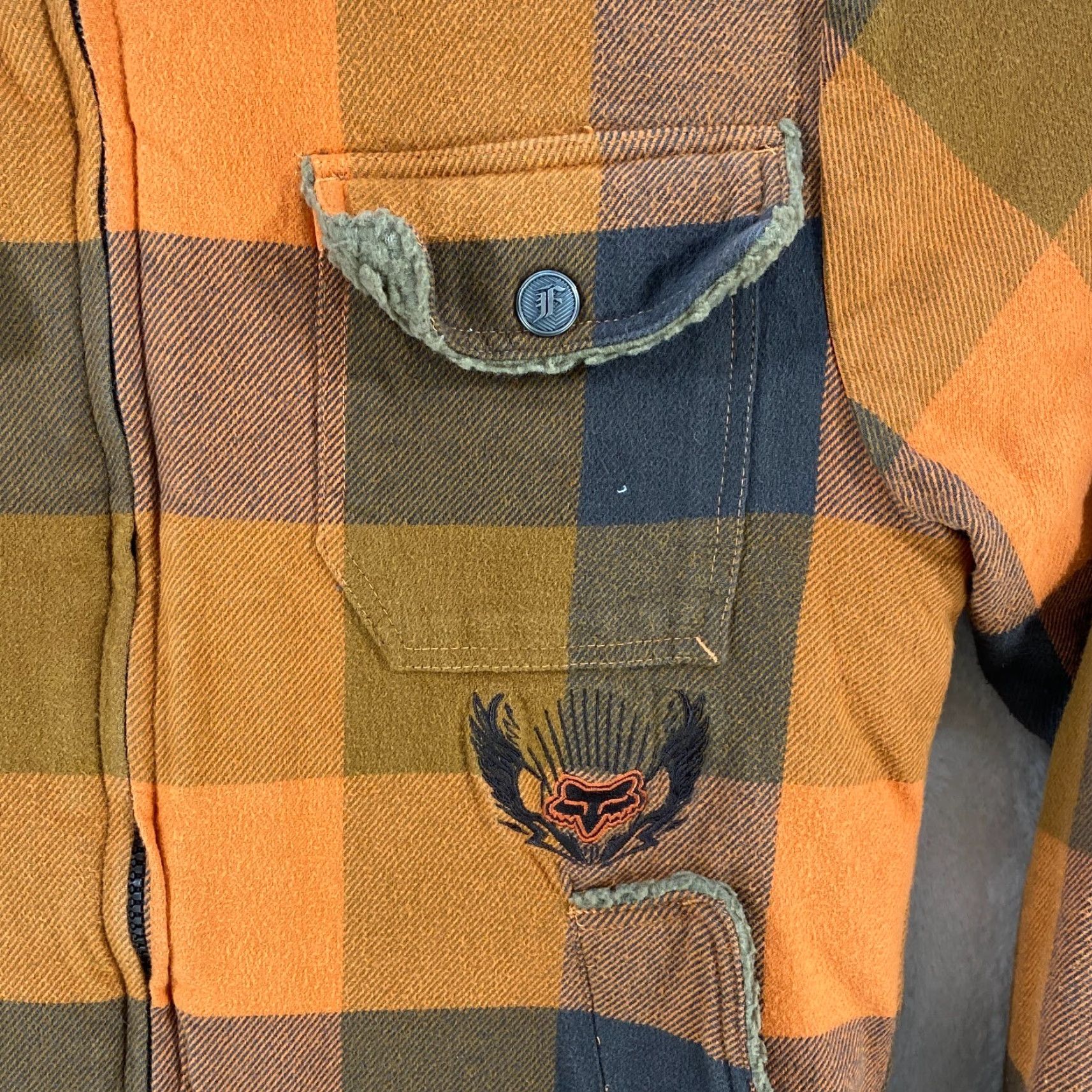 Fox Racing VINTAGE Fox Racing Plaid Lined Zip Up Jacket Sherpa Orange Gray Mens Size S Coat/Coat Jacket Size US S / EU 44-46 / 1 - 3 Thumbnail