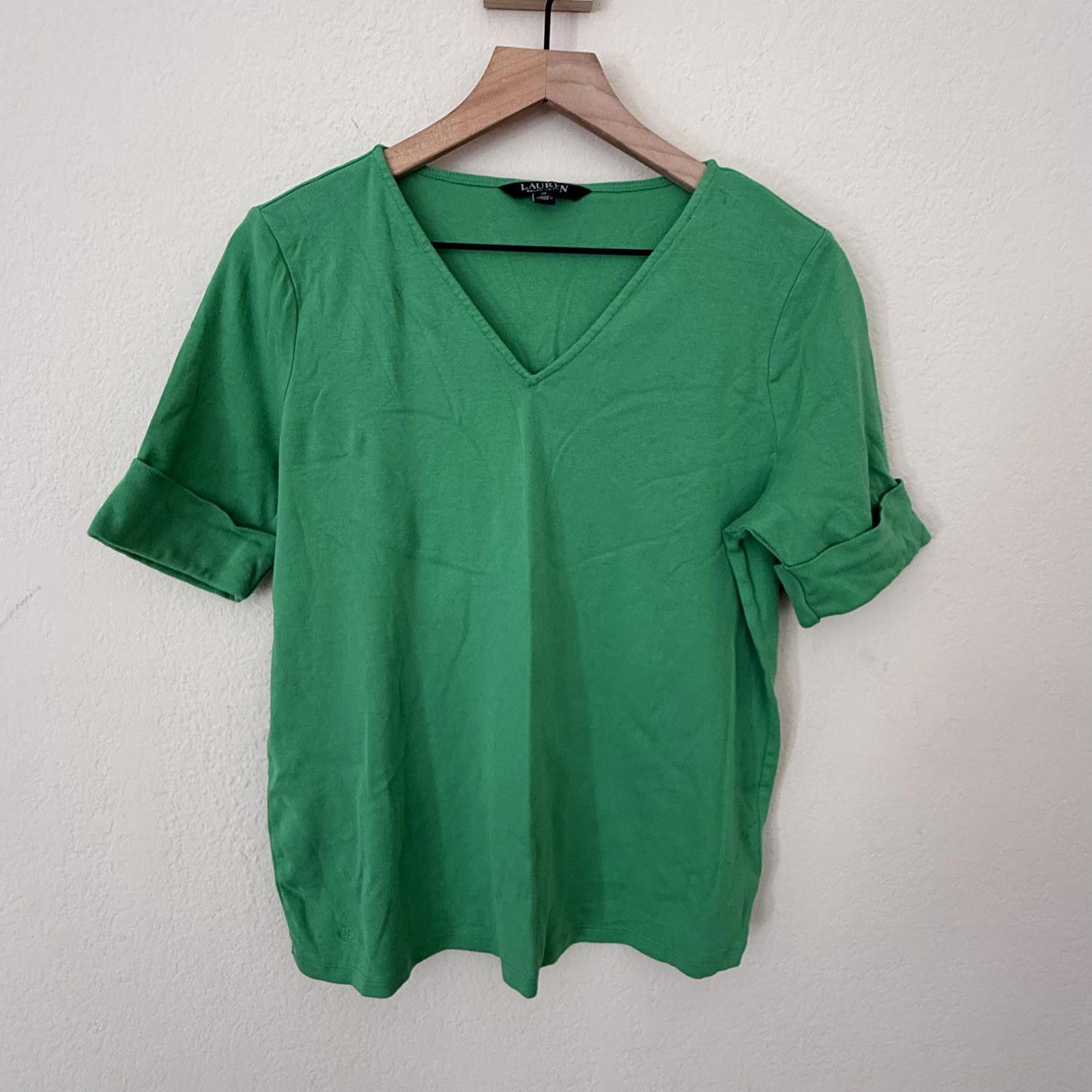 Polo Ralph Lauren Ralph Lauren Shirt Women's IX Green Short Sleeve V-Neck Size L / US 10 / IT 46 - 1 Thumbnail