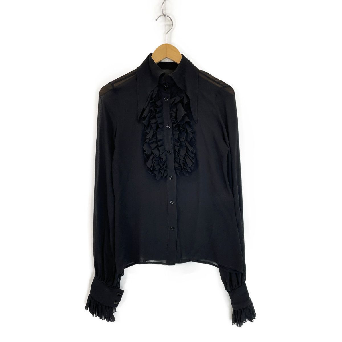 image of Saint Laurent Paris Saint Laurent Ruffle Silk Blouse in Black, Women's (Size XS)