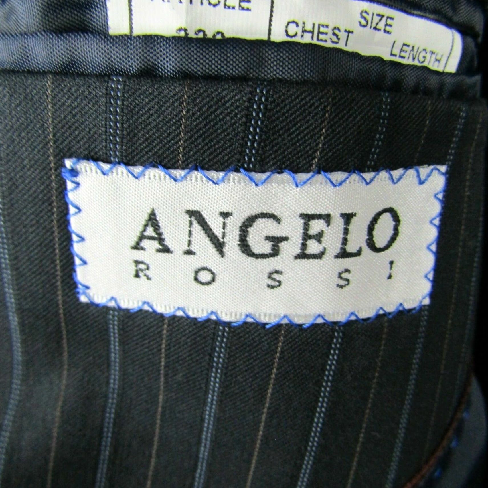 Vintage Angelo Rossi Blazer Mens 42 Charcoal Chalk Stripe Jacket Regular Classic Three Buttons Poly Blend Lining Full Dual Vent 3 Outer 4 Inner Mens Size 42R - 6 Thumbnail