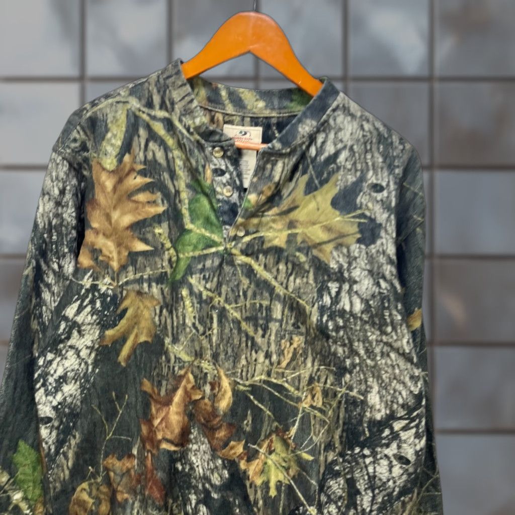 VINTAGE Mossy Oak Shirt Henley Long Sleeve Realtree Camo Crew Neck L Multicolor Cotton Knit Logo Men