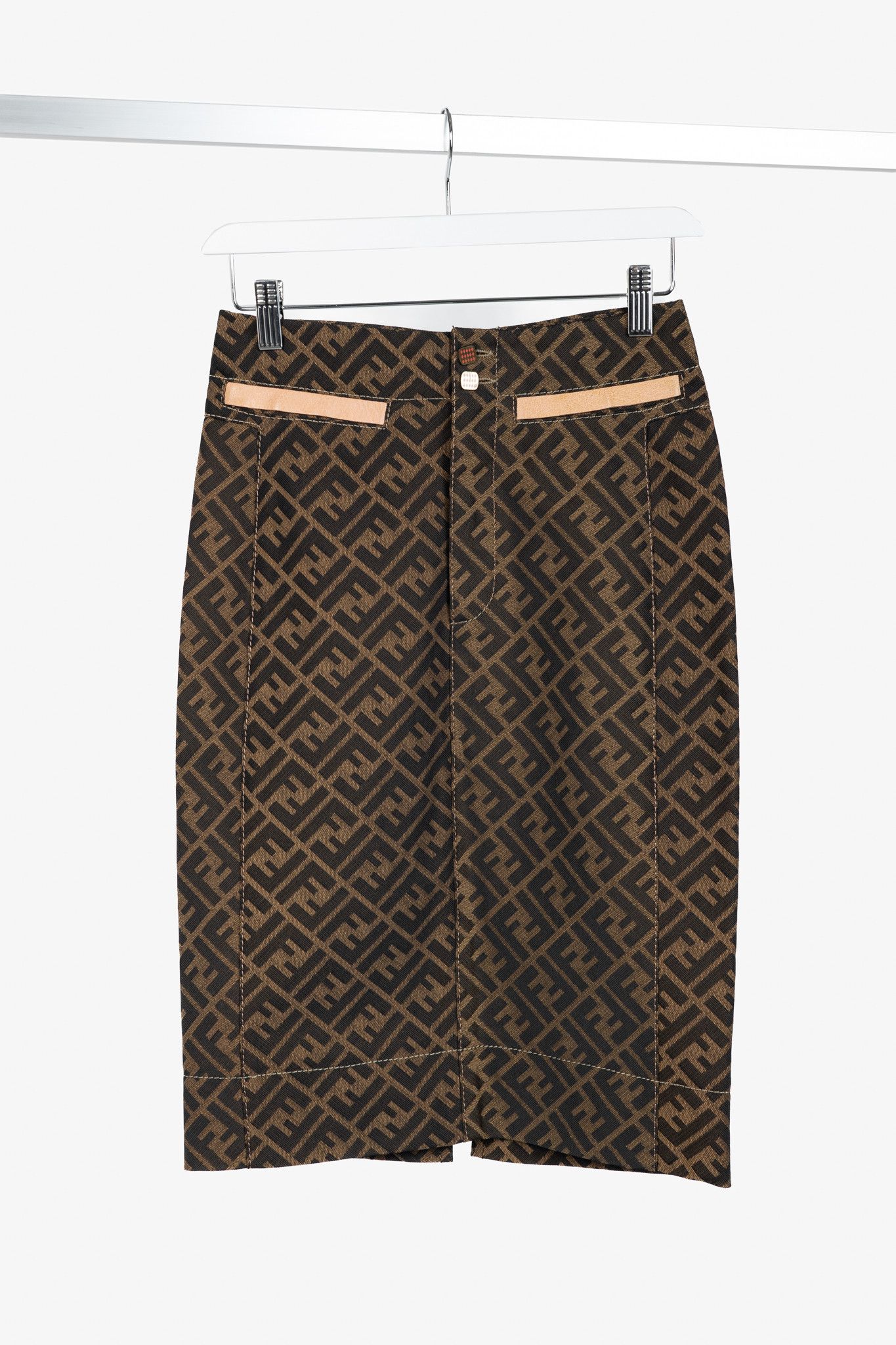 Fendi Fendi Brown Zucca-Monogram Leather-Trim Pencil Skirt Size 27" / US 4 / IT 40 - 1 Thumbnail