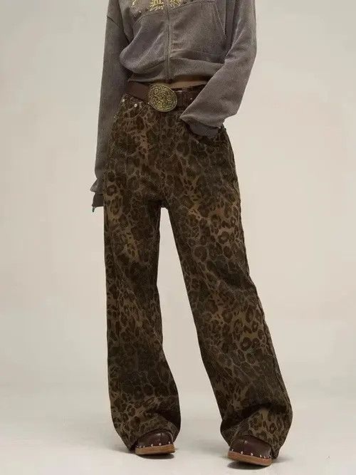 Vintage Leopard Jeans Women Denim Pants