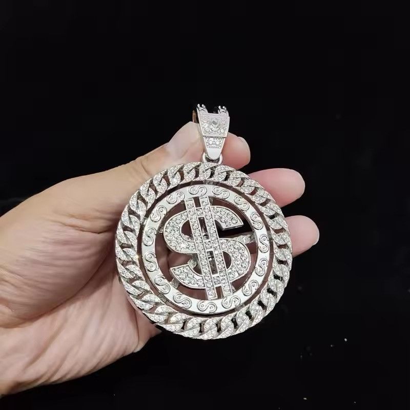 Jewelry Iced out Bling Rotatable Dollar Pendant Necklace 13mm Width Size ONE SIZE - 8 Thumbnail