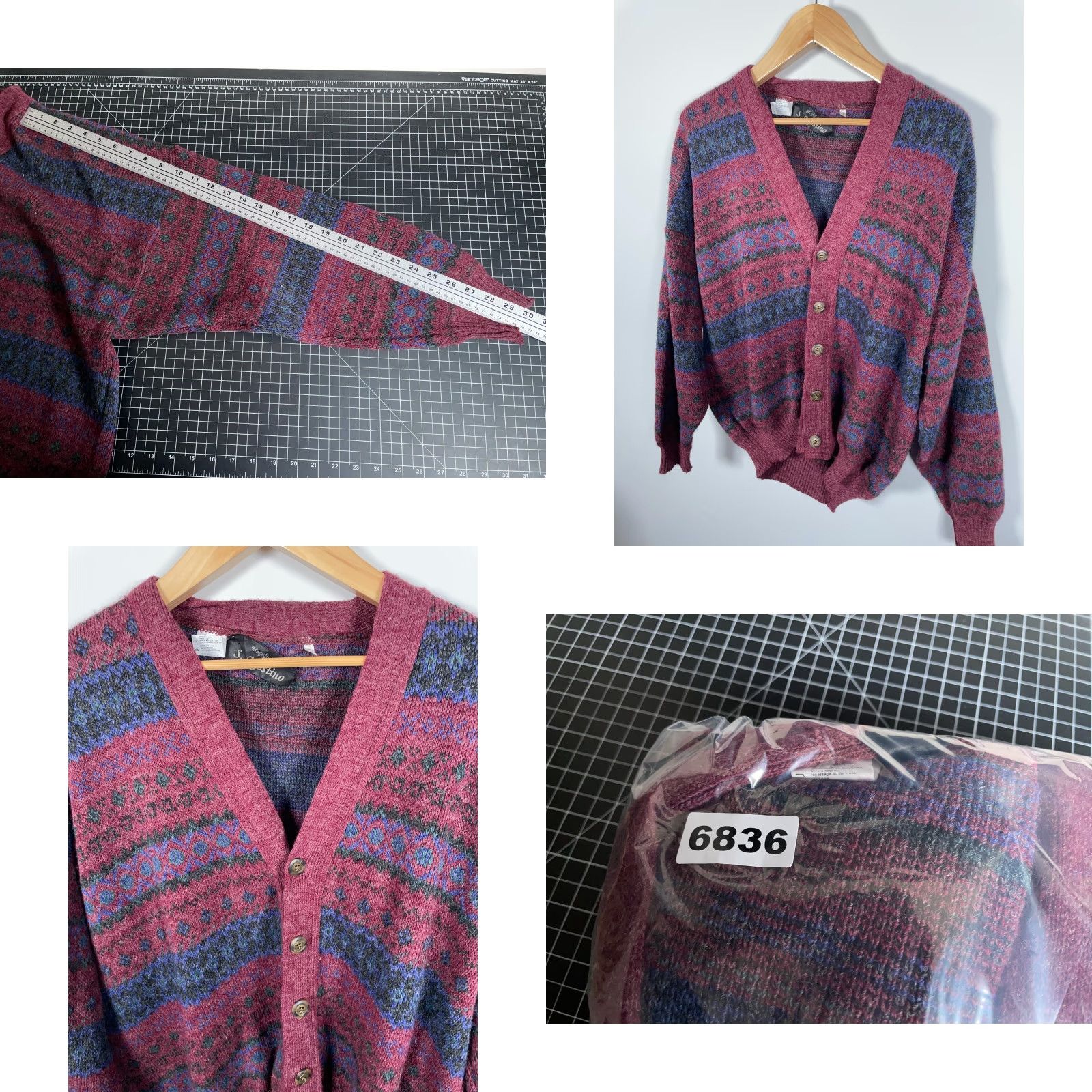 Vintage VINTAGE S. Agostino Cardigan Sweater Men's Large L Red Blue Fair Isle Knit Wool Acrylic V-Neck Casual 90s Retro Size US L / EU 52-54 / 3 - 8 Thumbnail